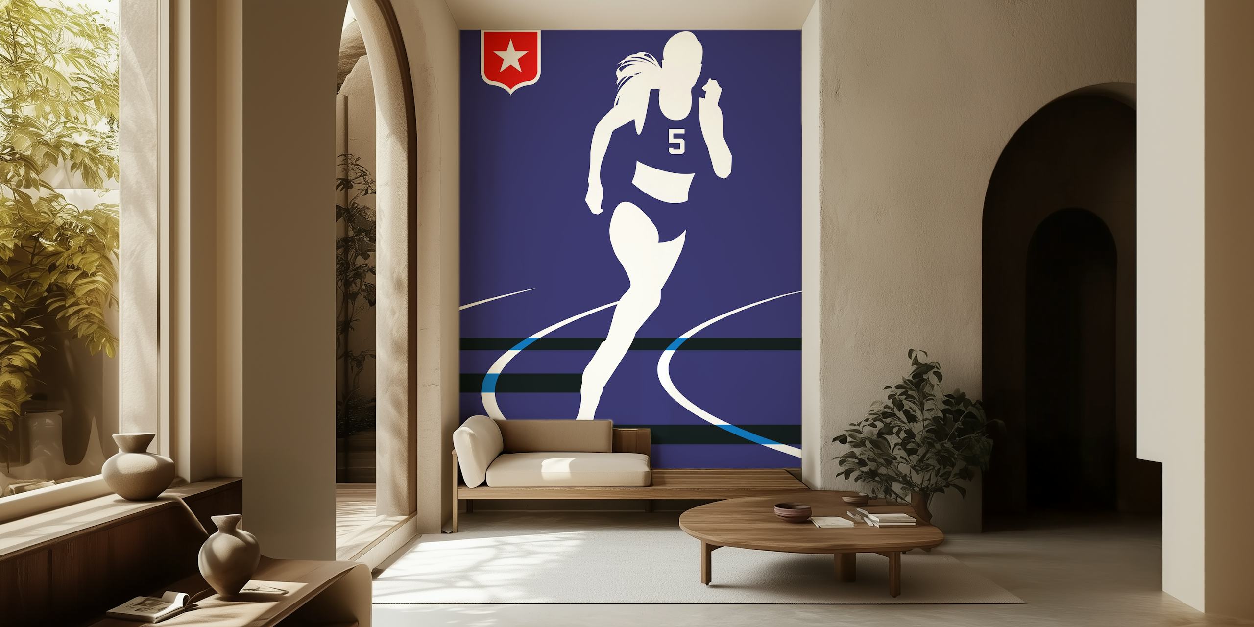 Τοίχος τοιχογραφίας ενός Runner σε σιλουέτα με γραμμές πίστα σε μπλε φόντο