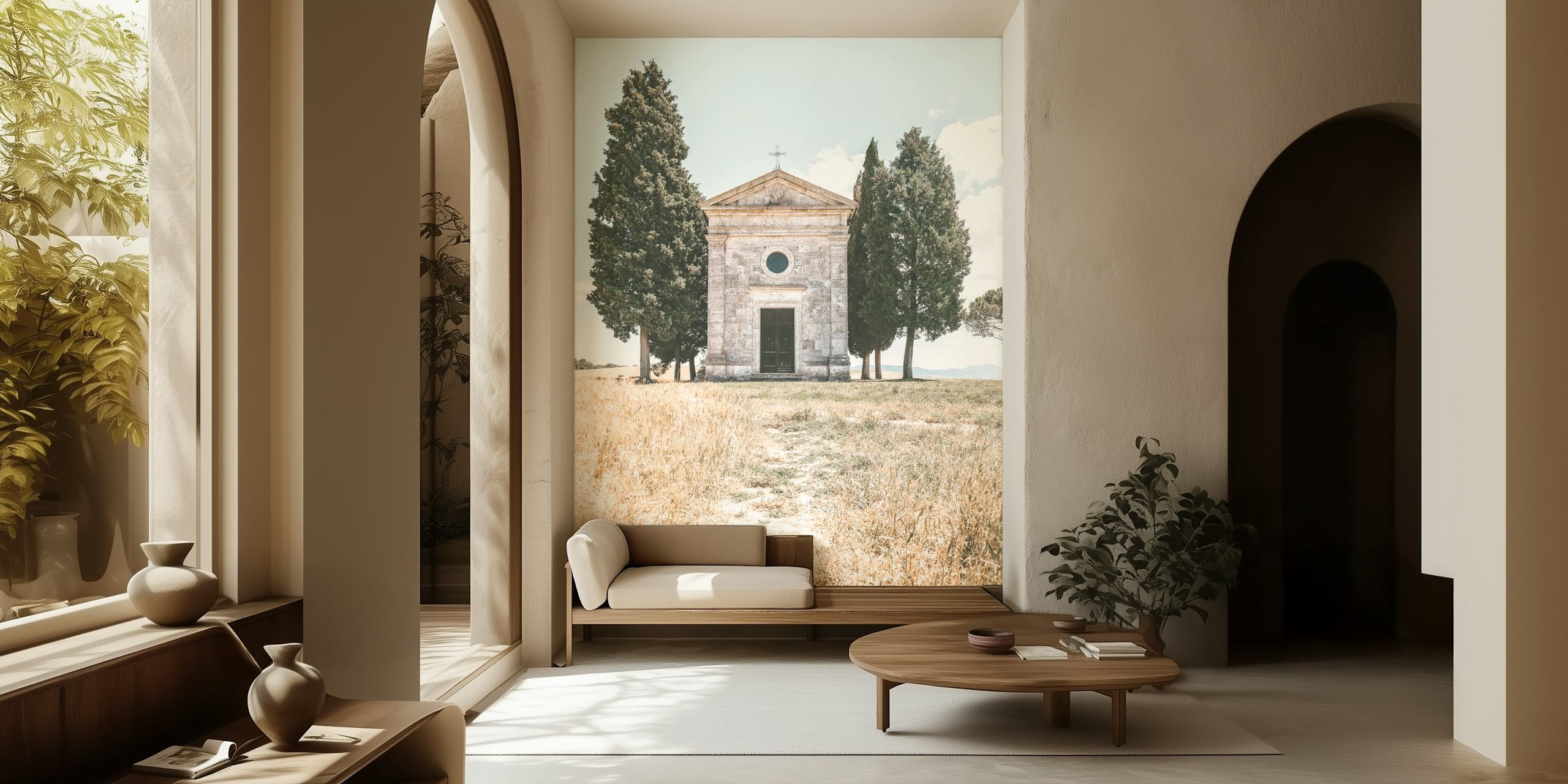 Italian chapel with cypress trees and gray sky wallpaper