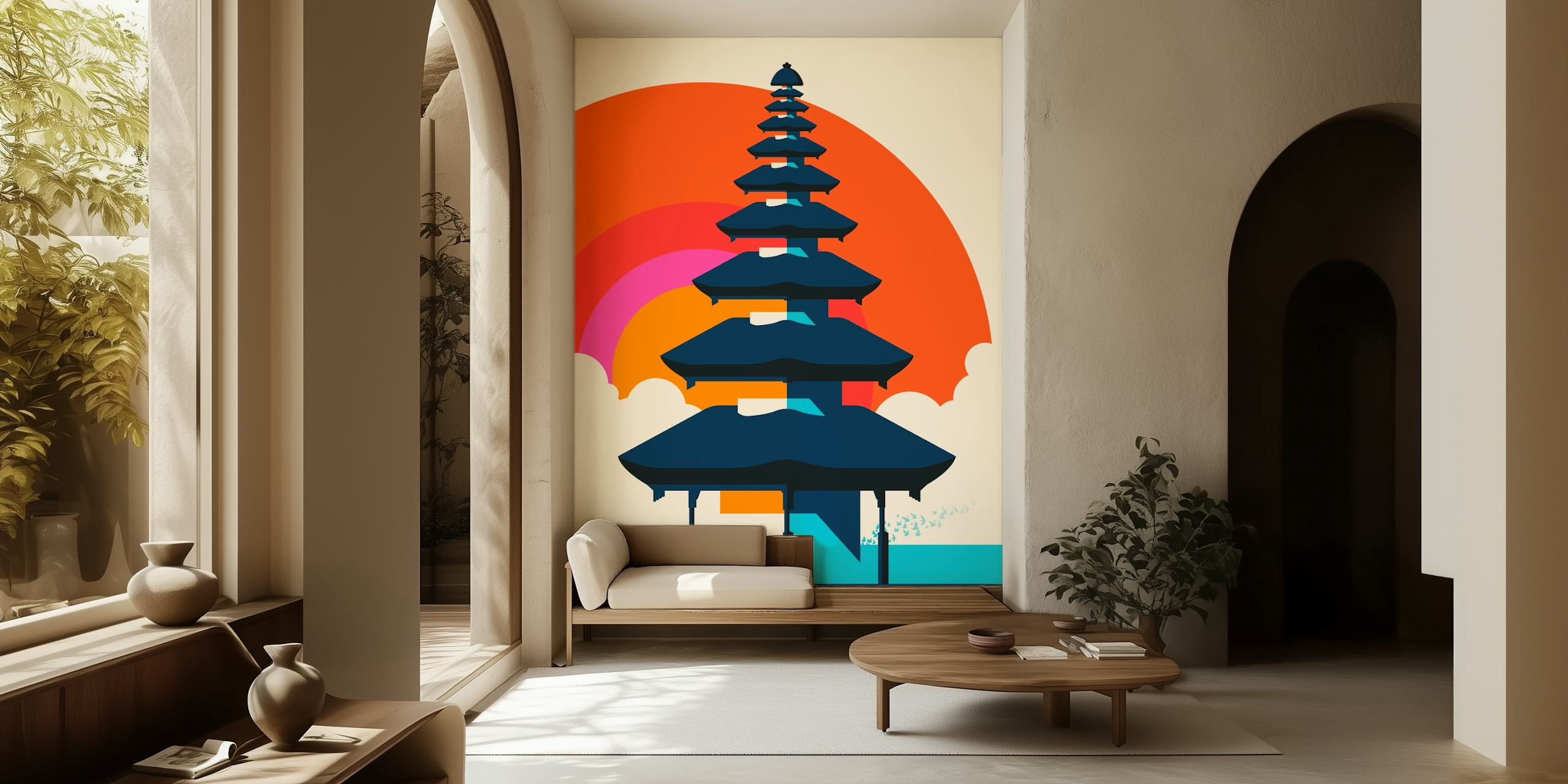 Stylized Balinese Pagoda silhouette against sunset - Bali 92 Wall Mural