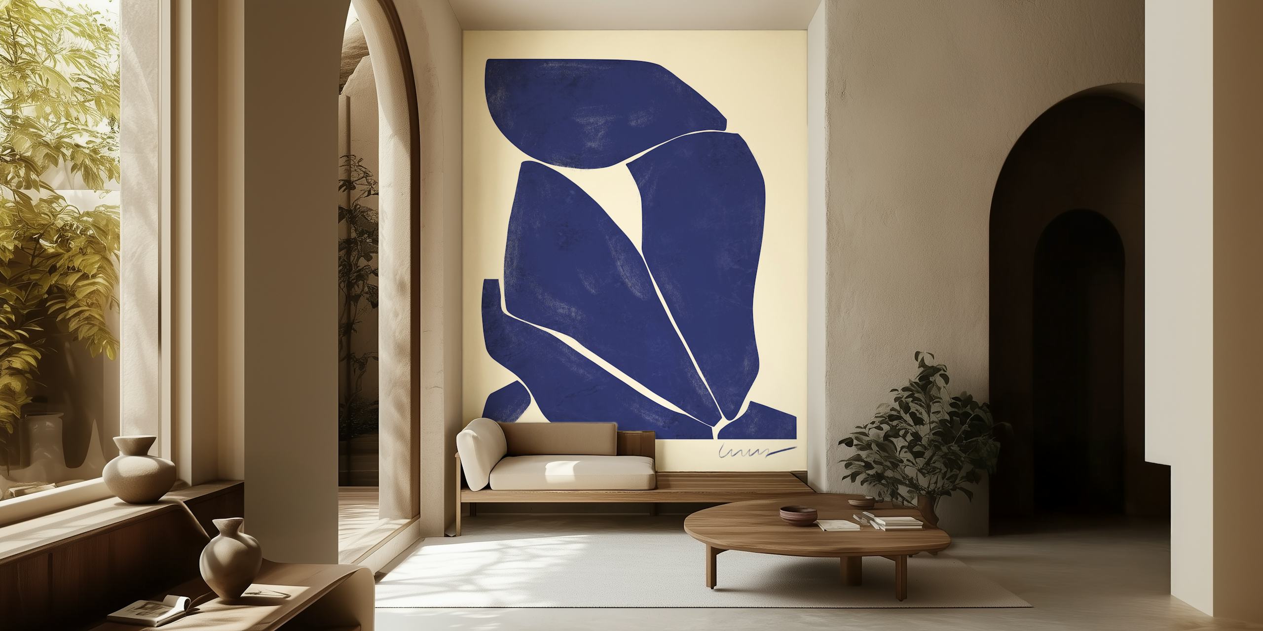 Abstract design with blue and beige shapes wallpaper