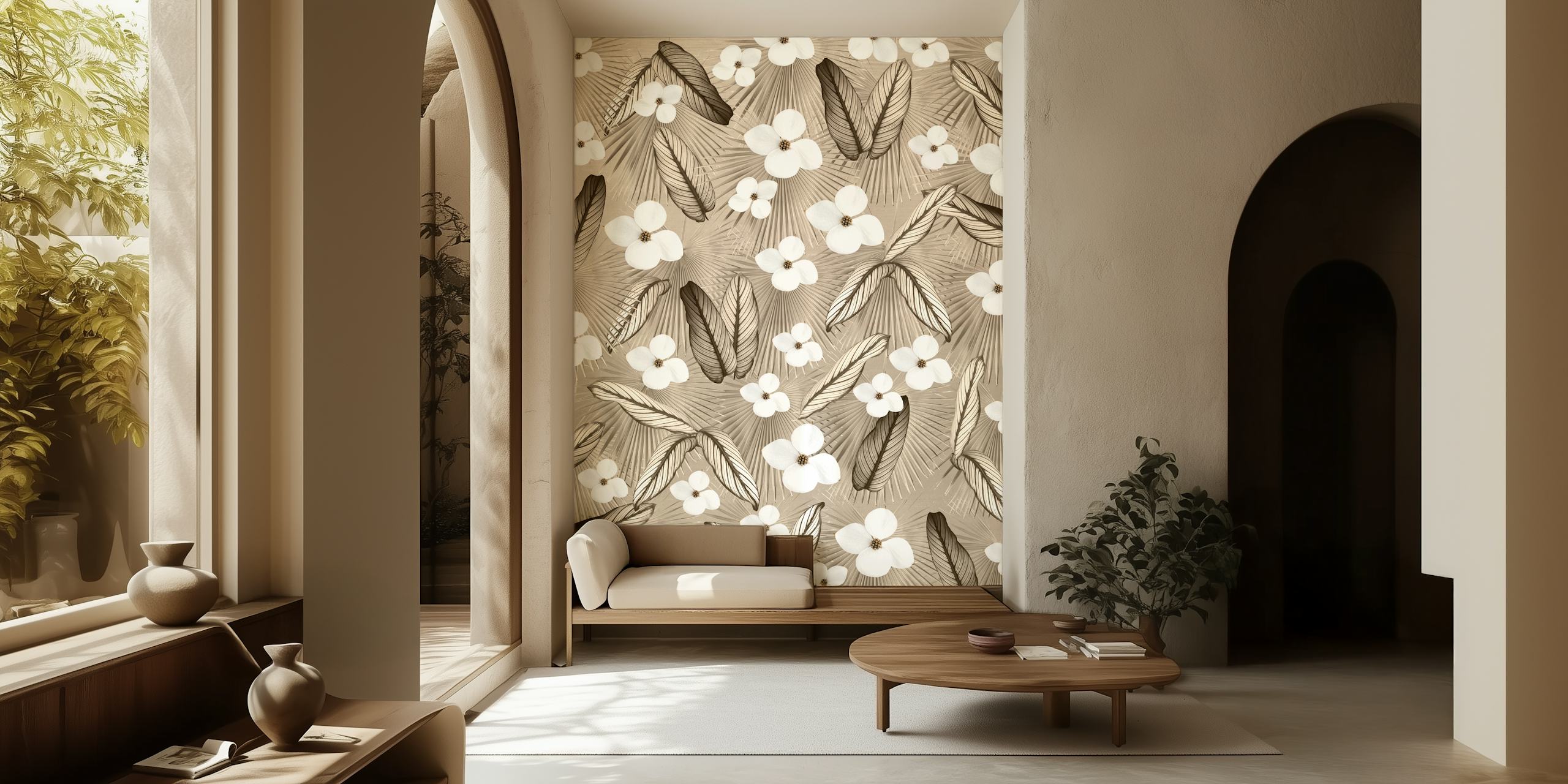 Beige floral wallpaper with palm leaves and blossoms