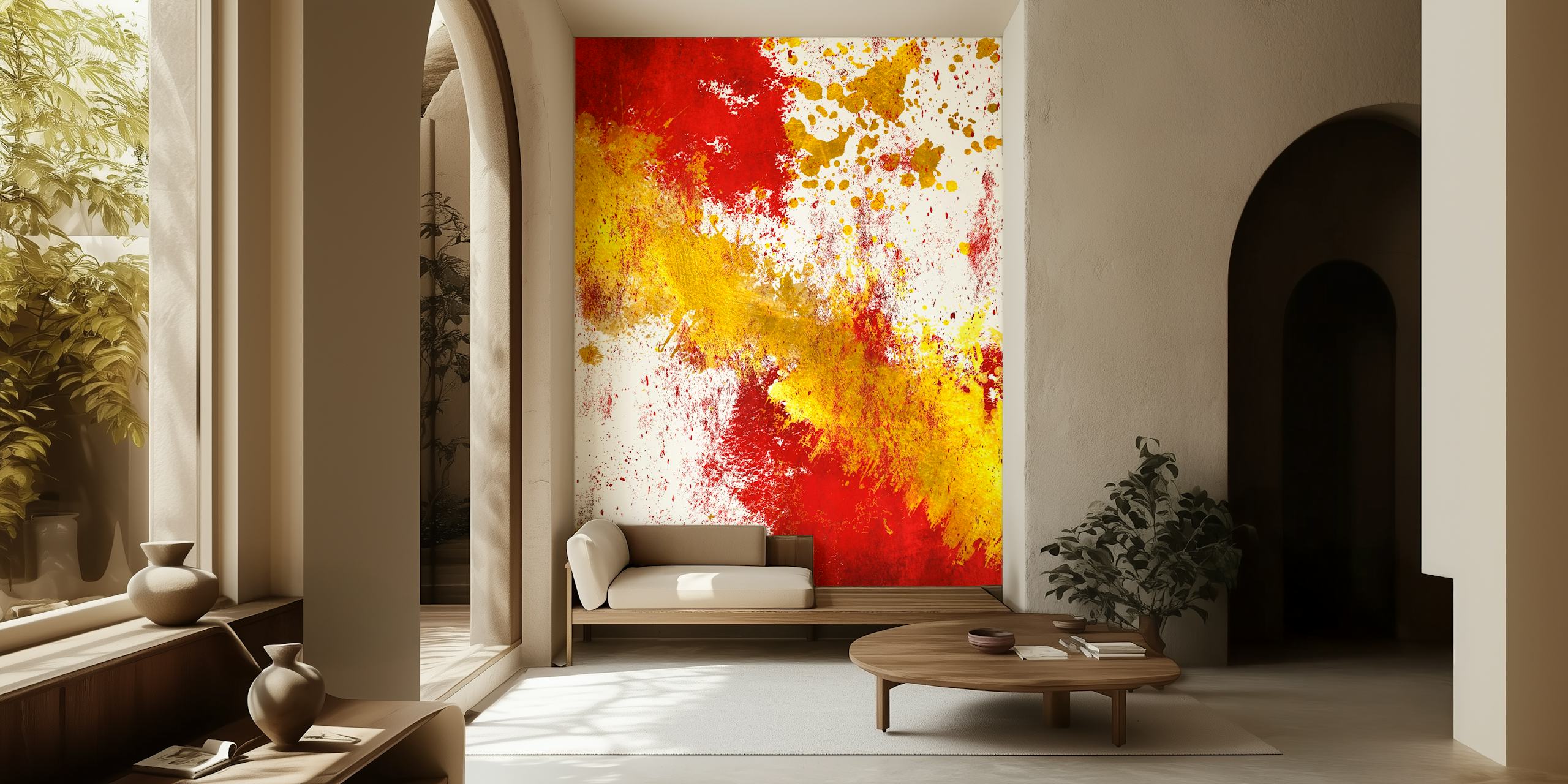 Abstract wallpaper with red and gold textures and paint effects
