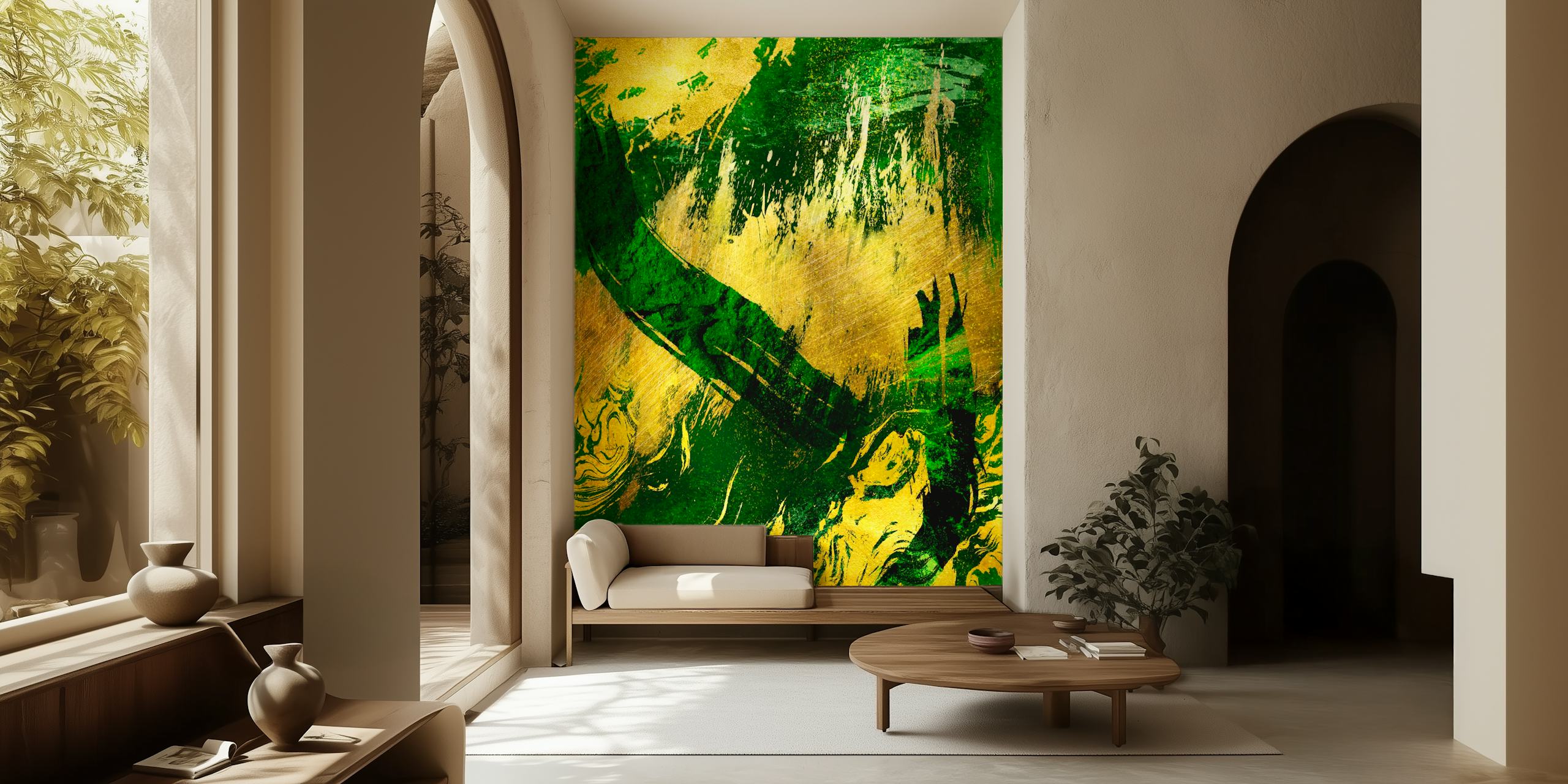 Golden splashes on green metal wallpaper