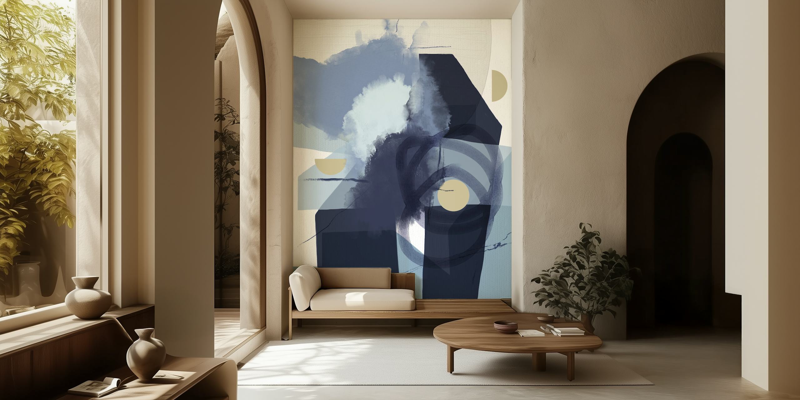 Abstract shapes in blue, gray, and yellow in modern wallpaper