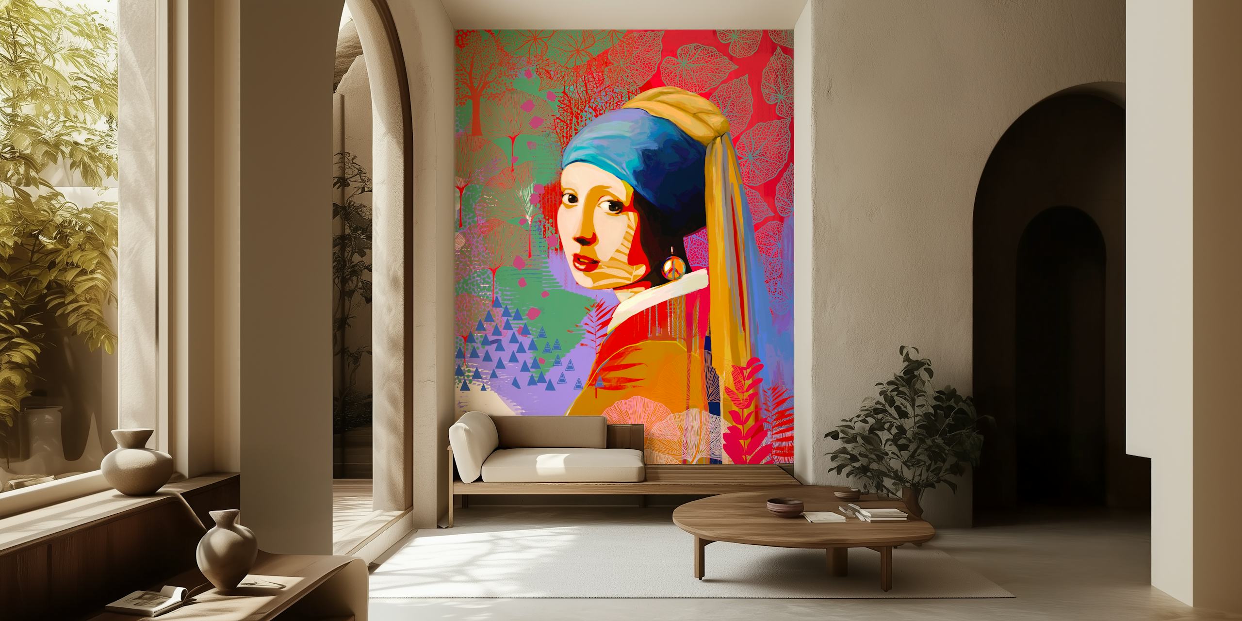 Stylized girl with earring surrounded by colorful foliage and floral patterns wallpaper