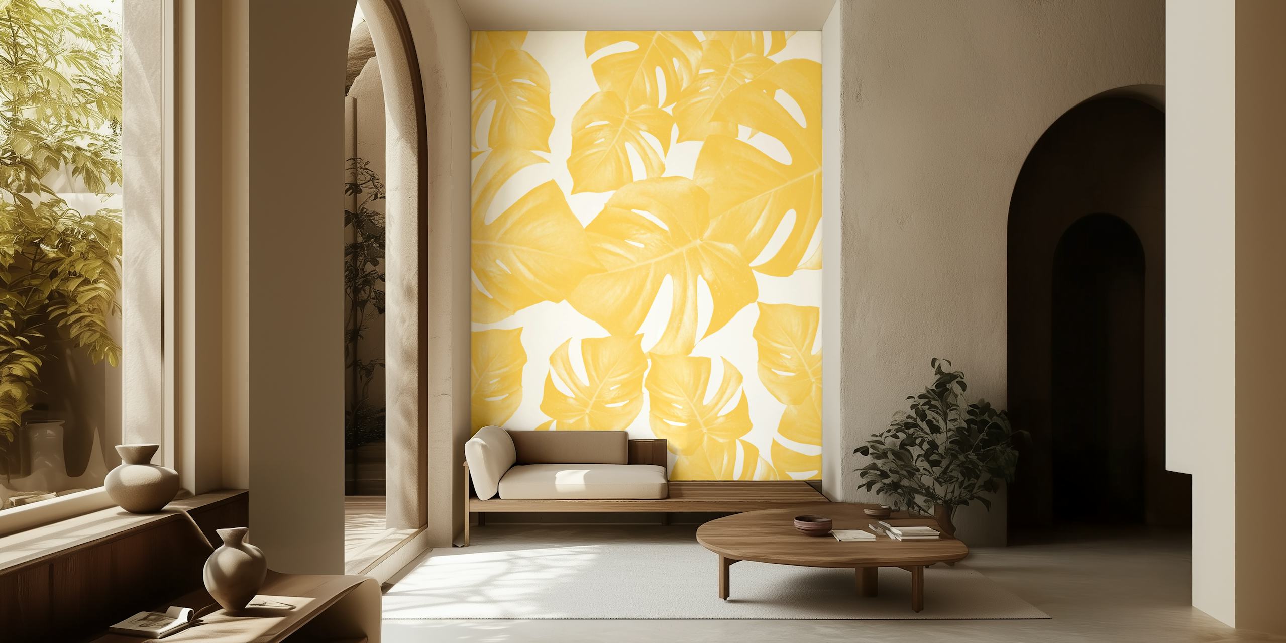 Yellow monstera leaves on white background wallpaper