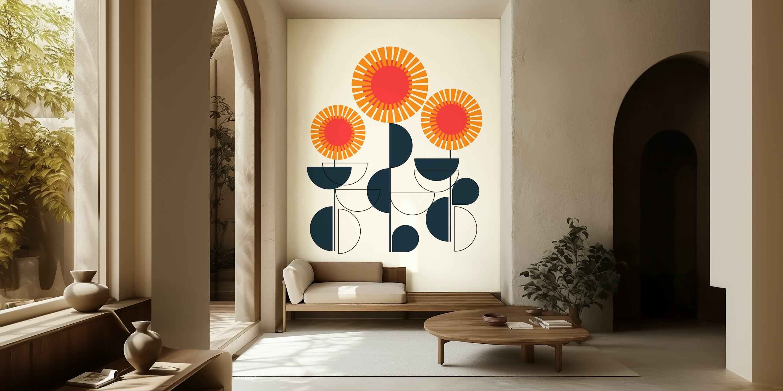 Bauhaus style wallpaper with three sunflowers in orange and black geometric shapes on a light background
