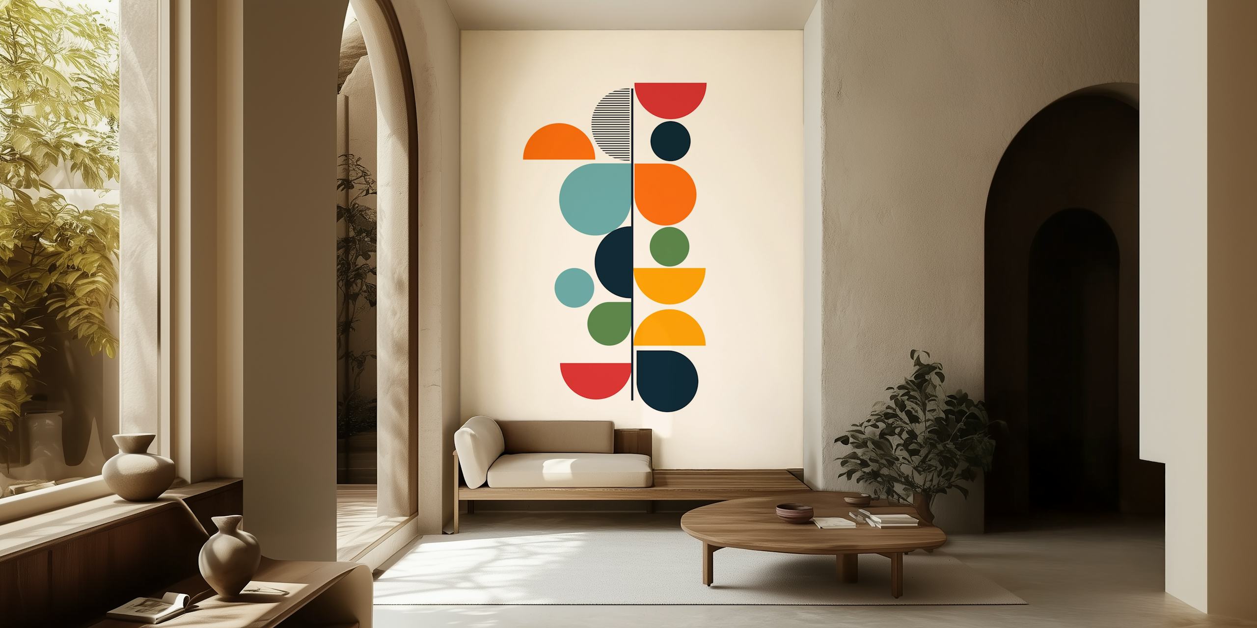 Bunte geometrische Formen in Orange, Blau, Grün und Rot auf beigem Hintergrund, geometrische Tapete