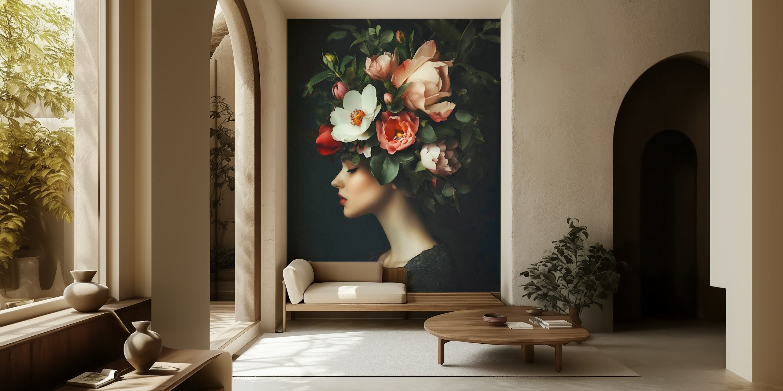 Floral portrait wallpaper in a room