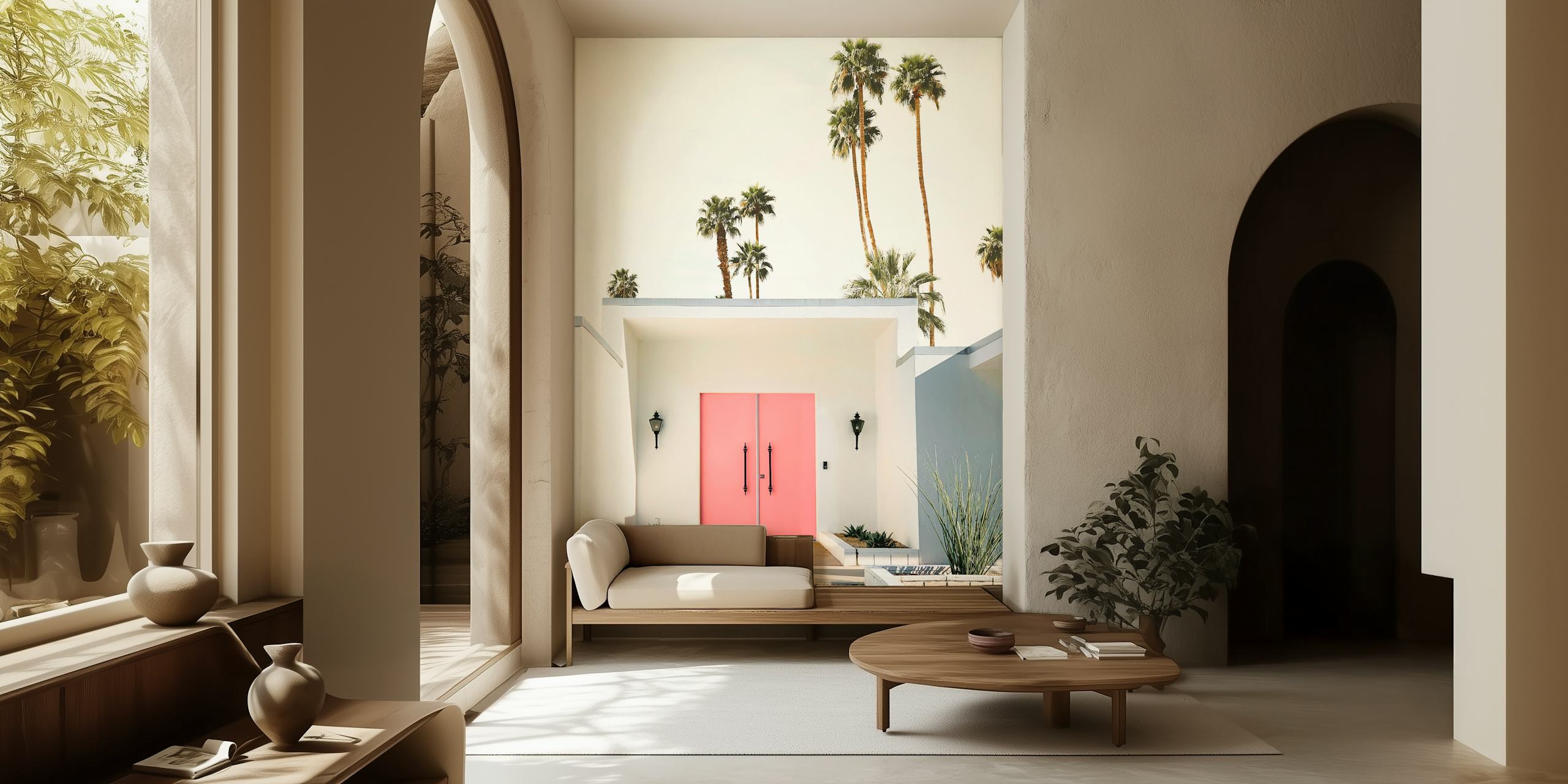 Tapeta Palm Springs 3 s růžovými dveřmi a palmami