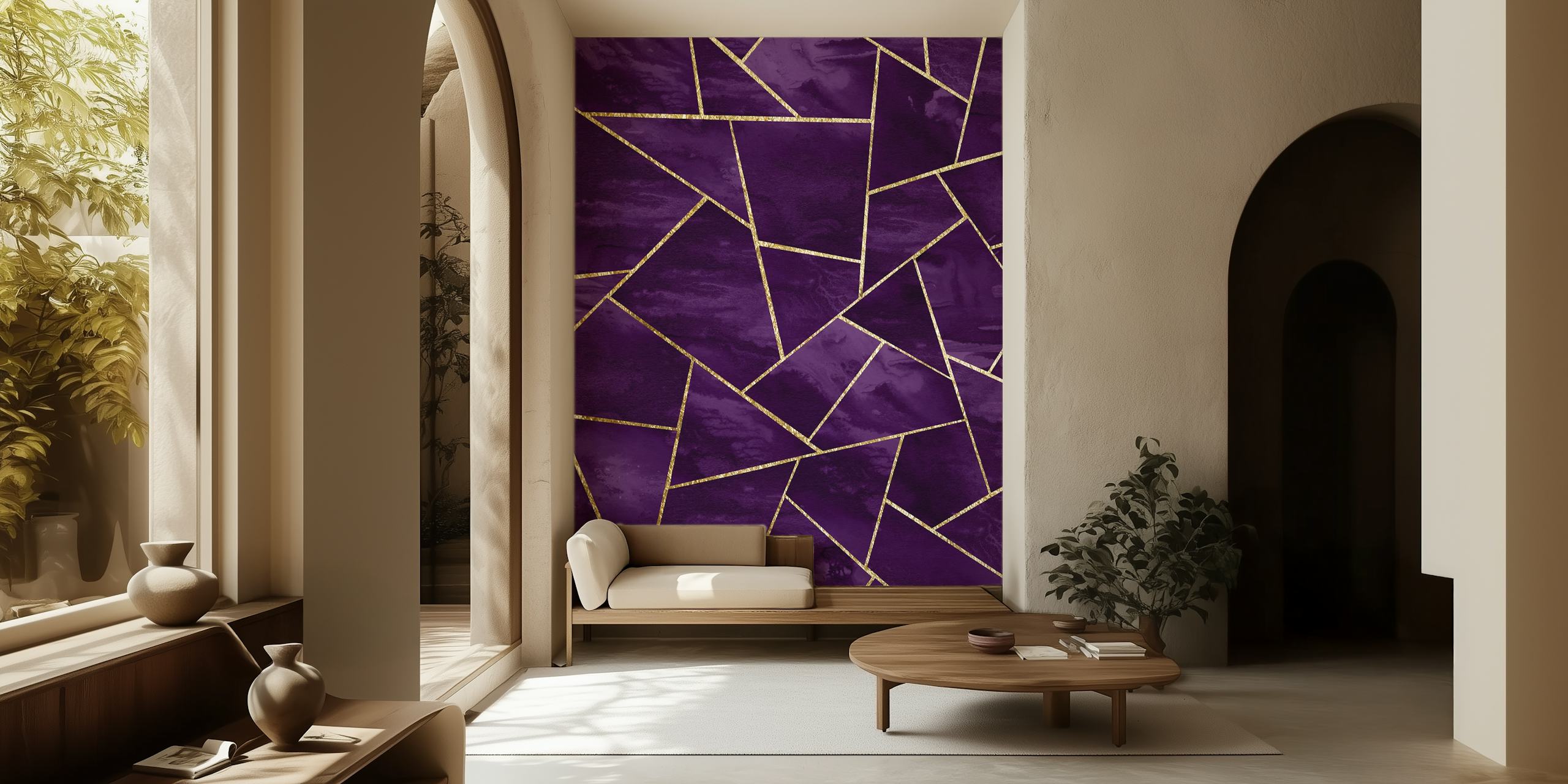 Dark purple geometric shapes with gold accents wallpaper