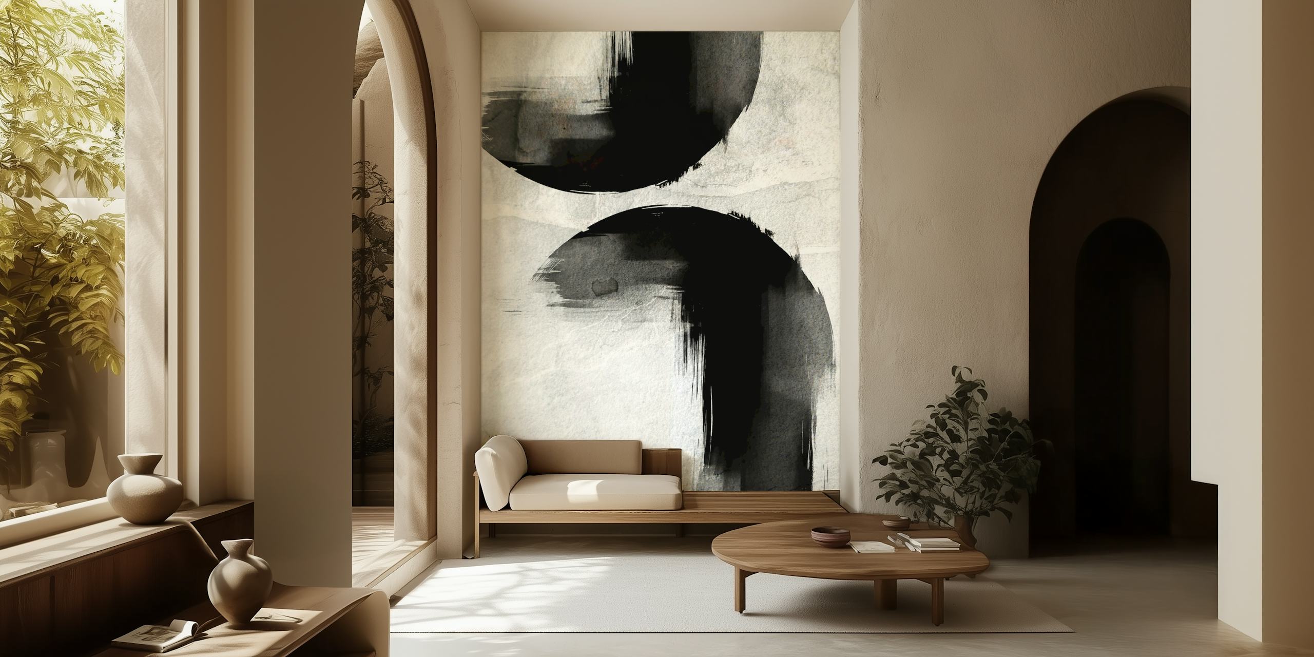 Black abstract brushstrokes on textured white background wallpaper