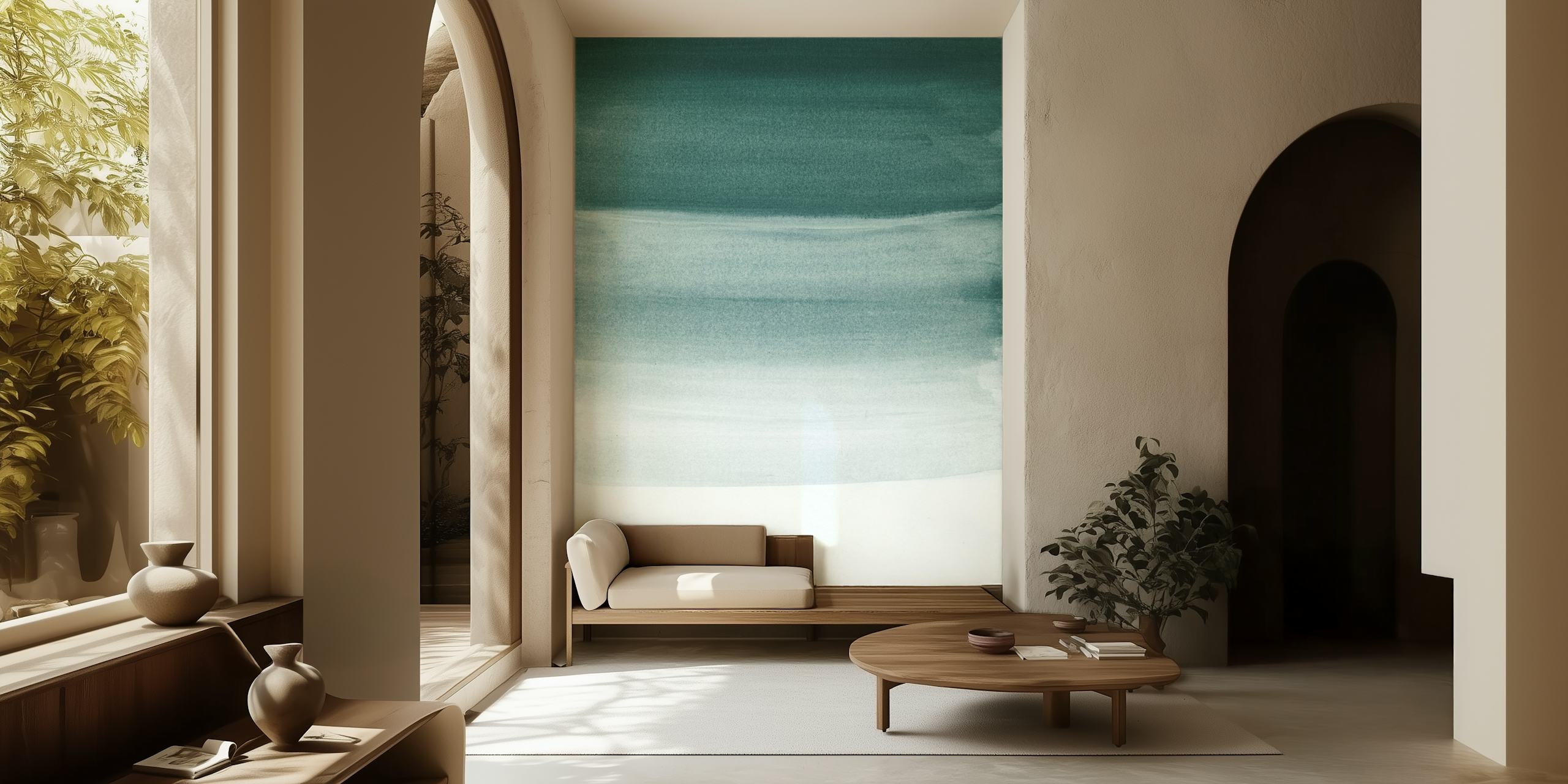 Fotomural relajante acuarela degradada de verde azulado oscuro a blanco