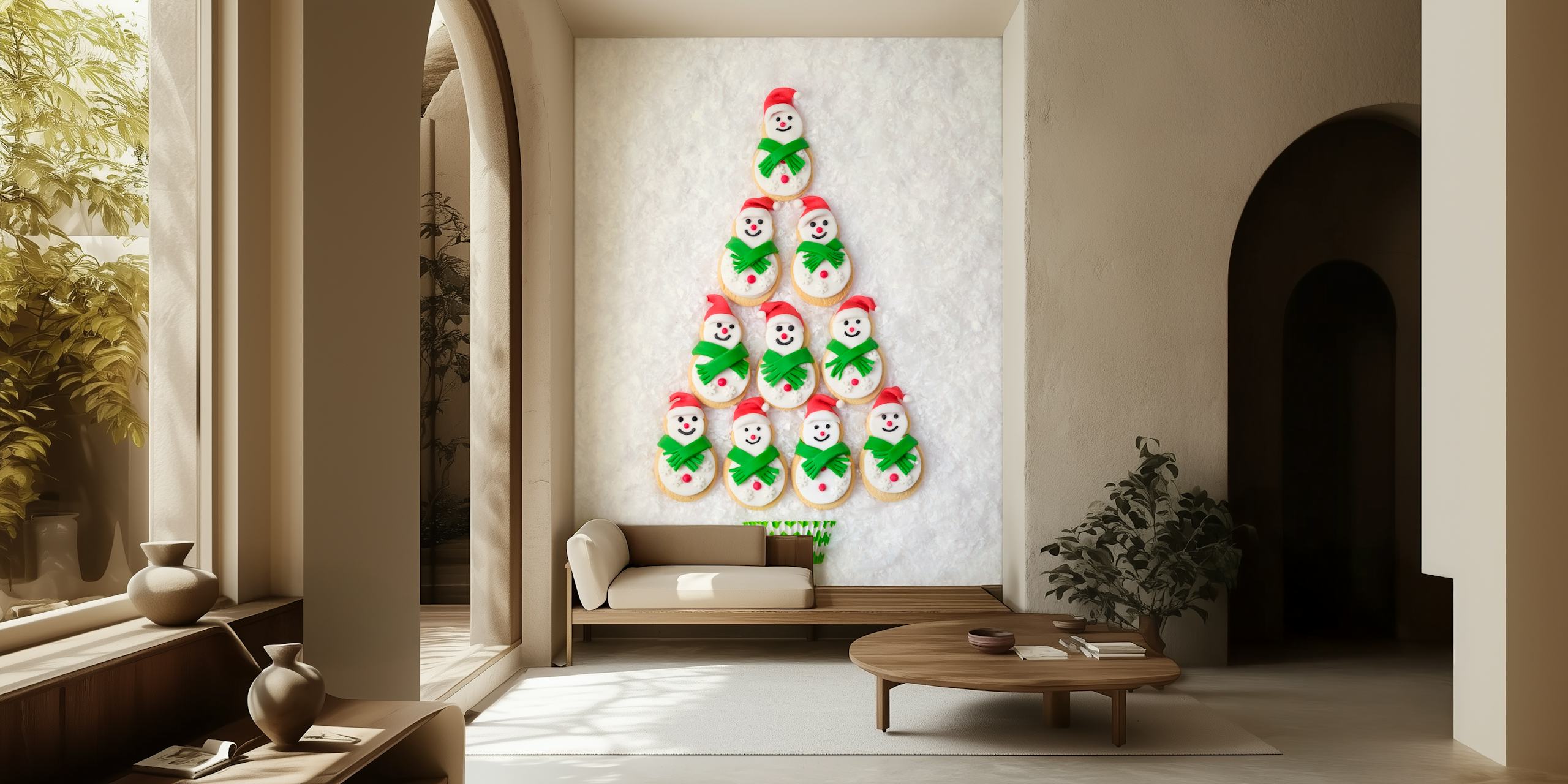 Snowman cookies decorated with red hats and green scarves on white background wallpaper