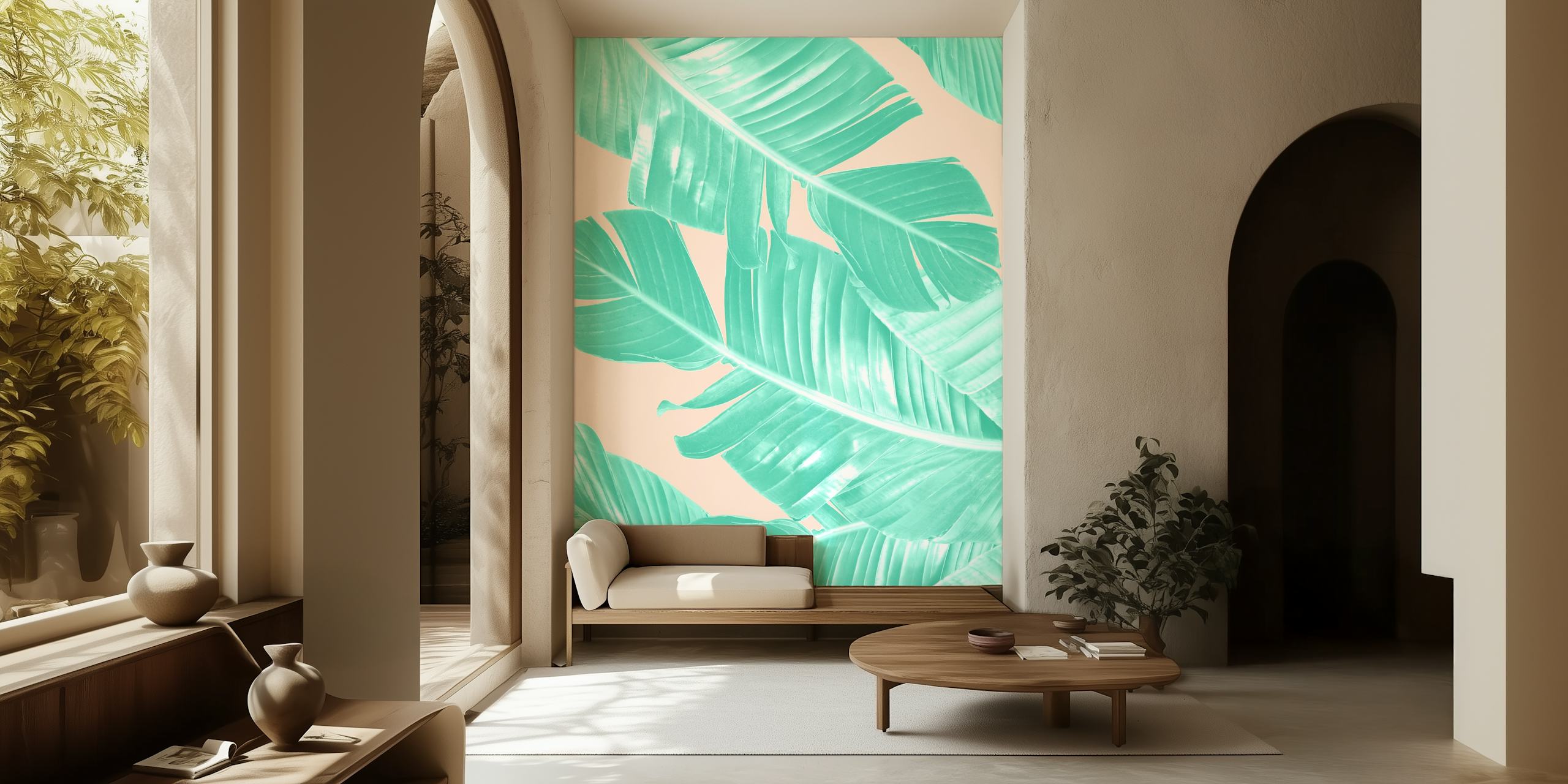 Mint green banana leaves on a beige background wallpaper