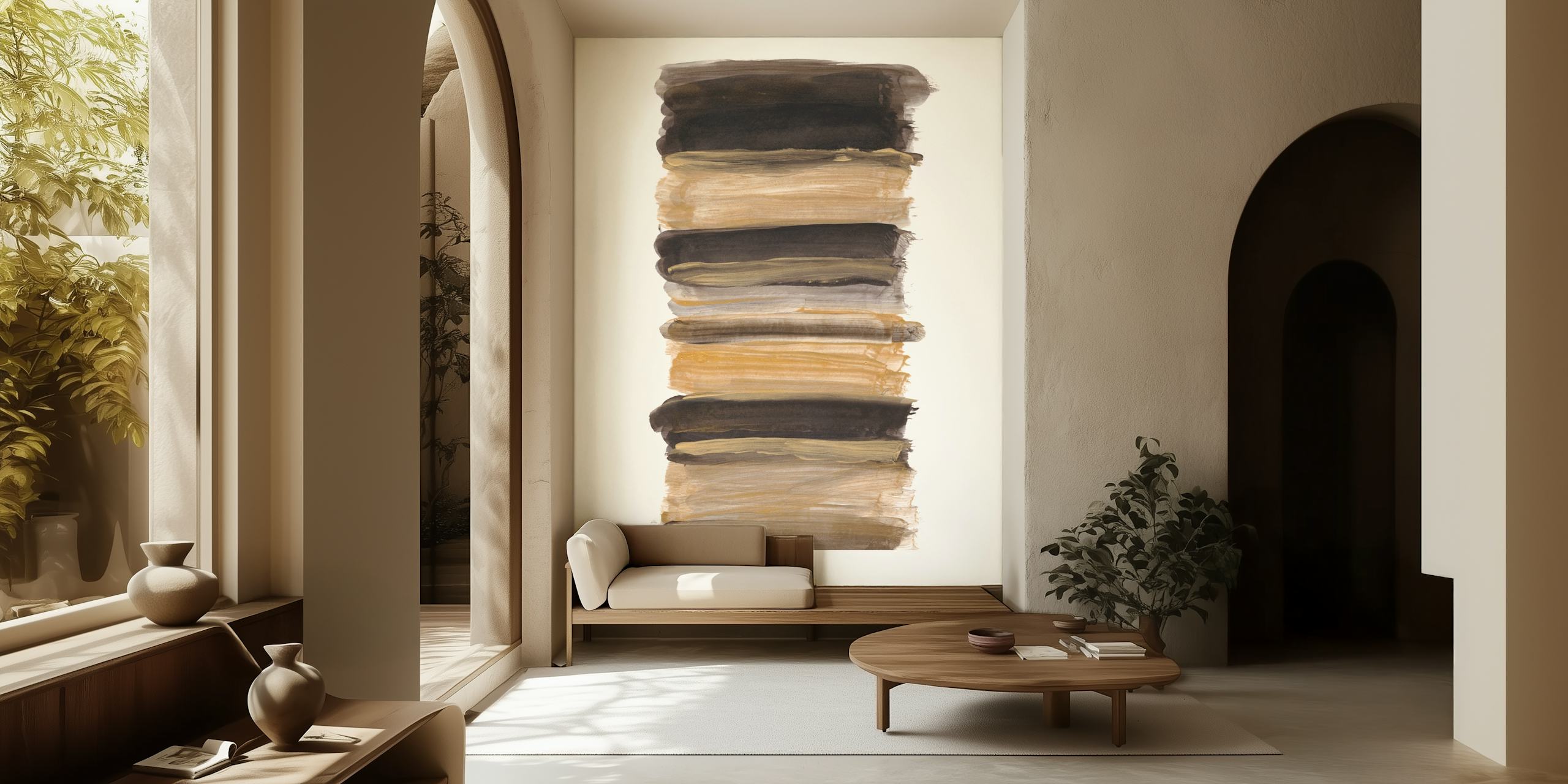 Abstract brushstroke pattern in black, taupe, and beige wallpaper