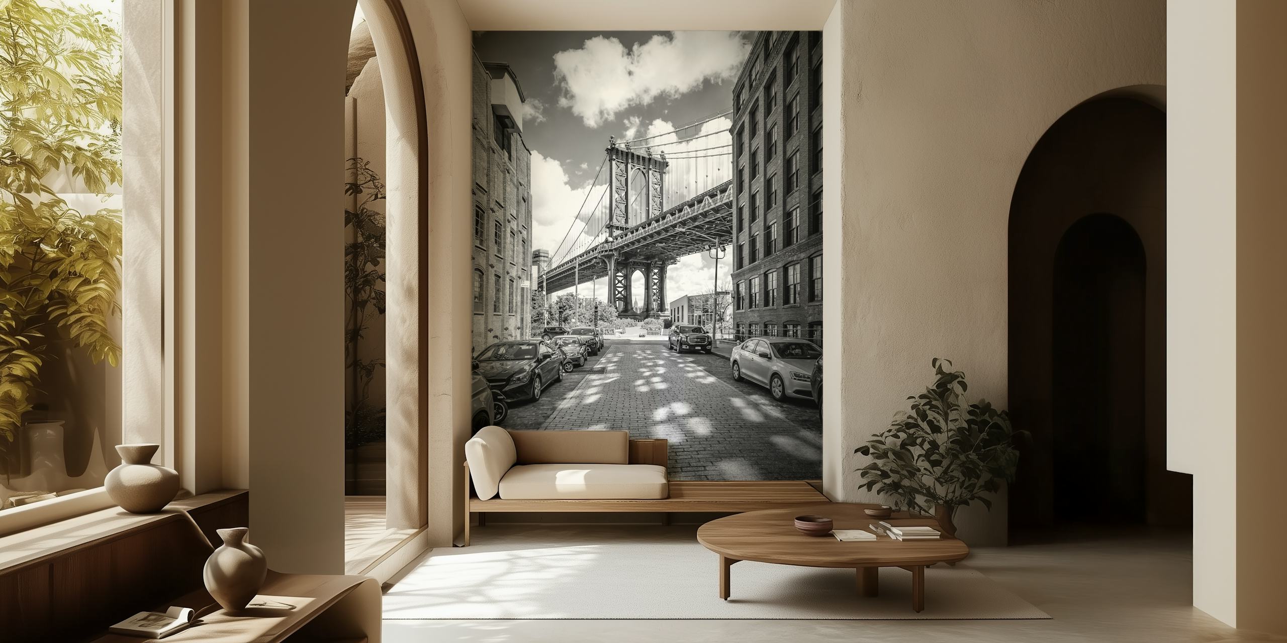 Manhattan Bridge in black and white wallpaper