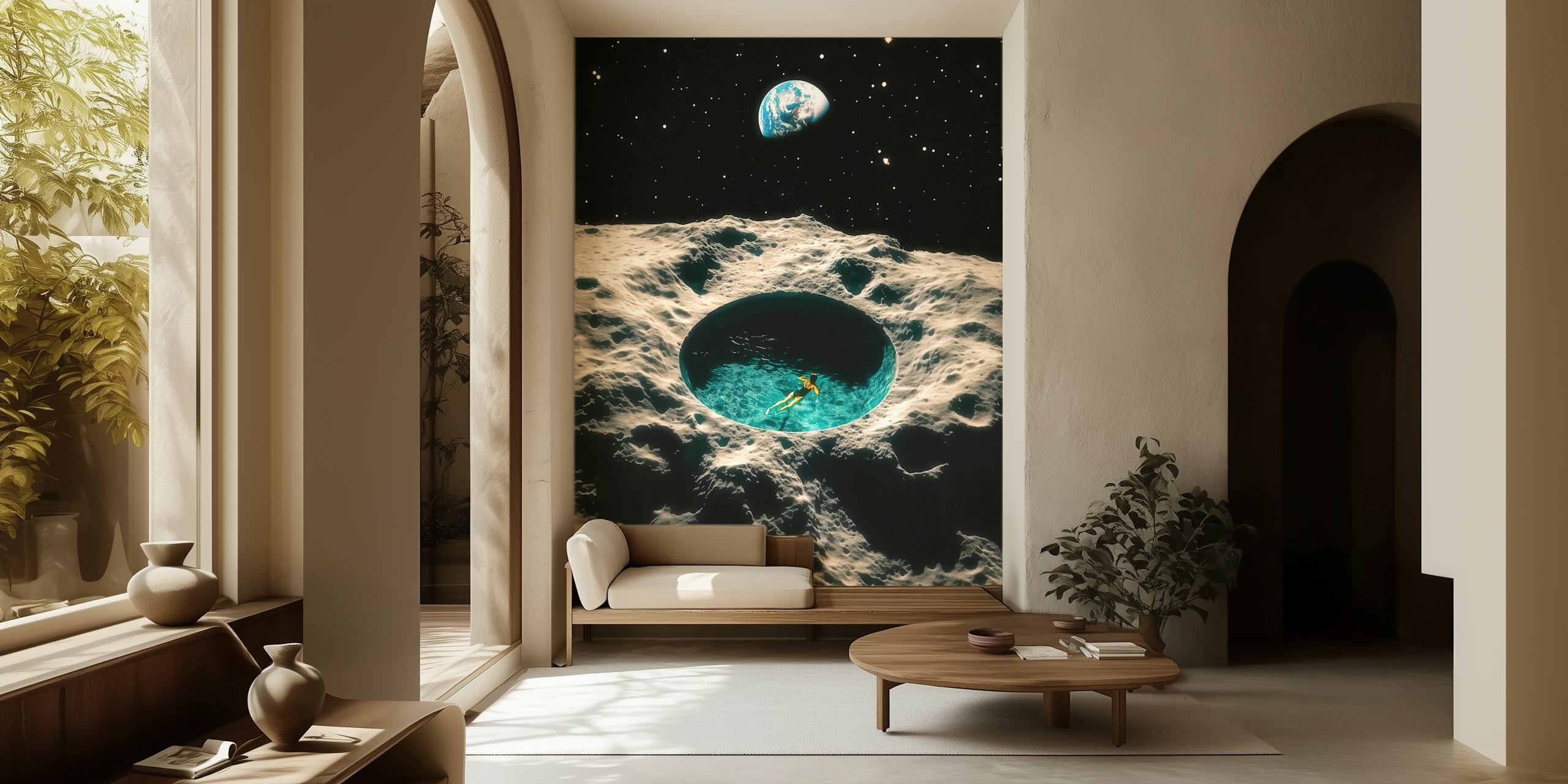 Astronaut floating in blue pool inside a moon crater against a starry sky wallpaper