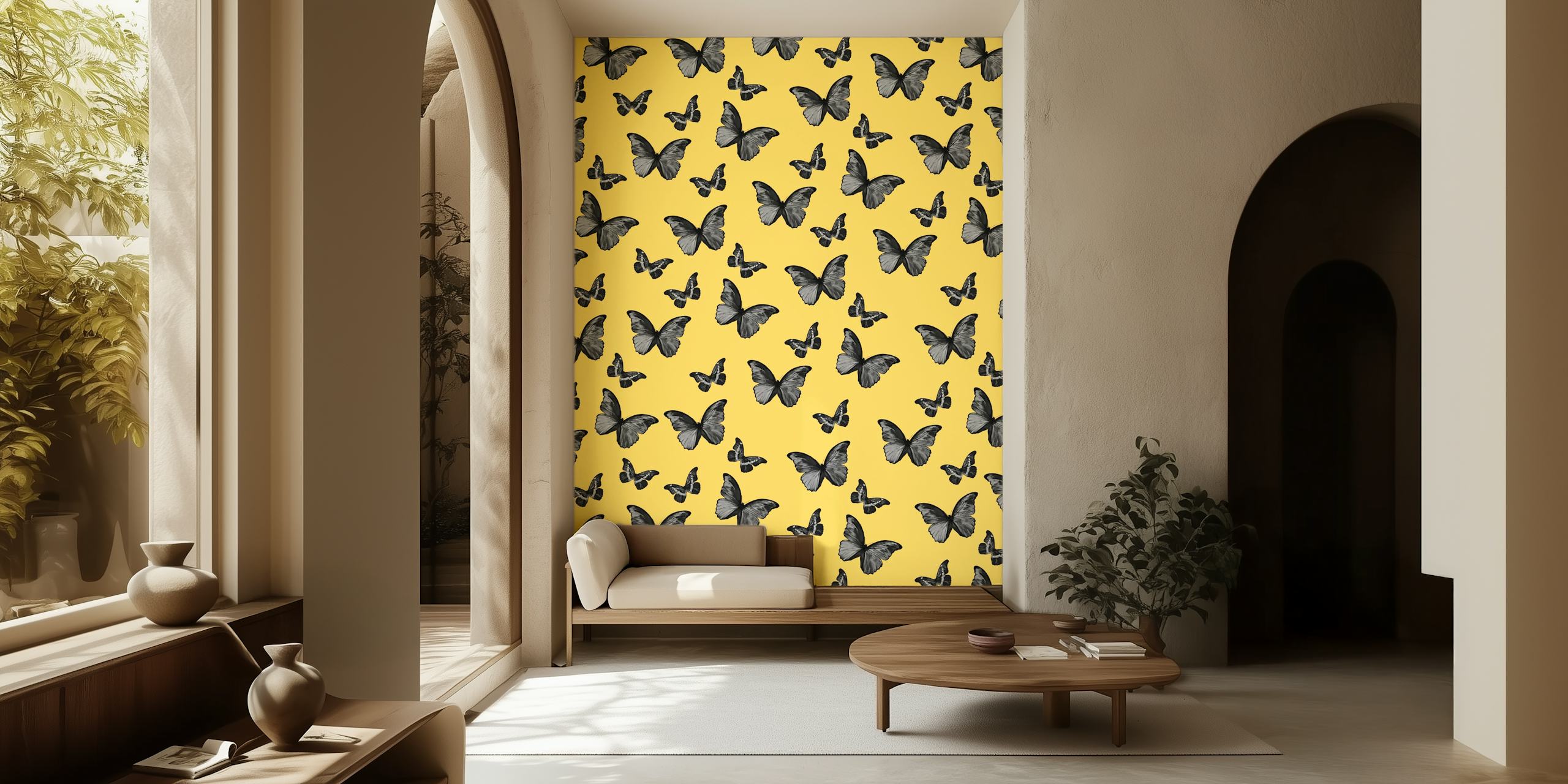 Black and yellow butterfly patterns on yellow background wallpaper