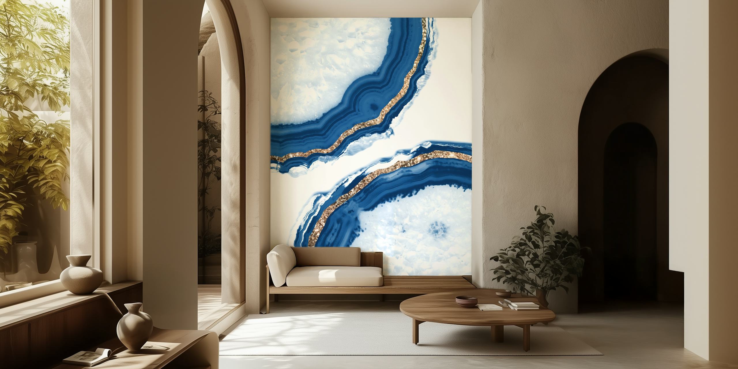 Elegant agate-inspired wall mural with gold and navy blue patterns