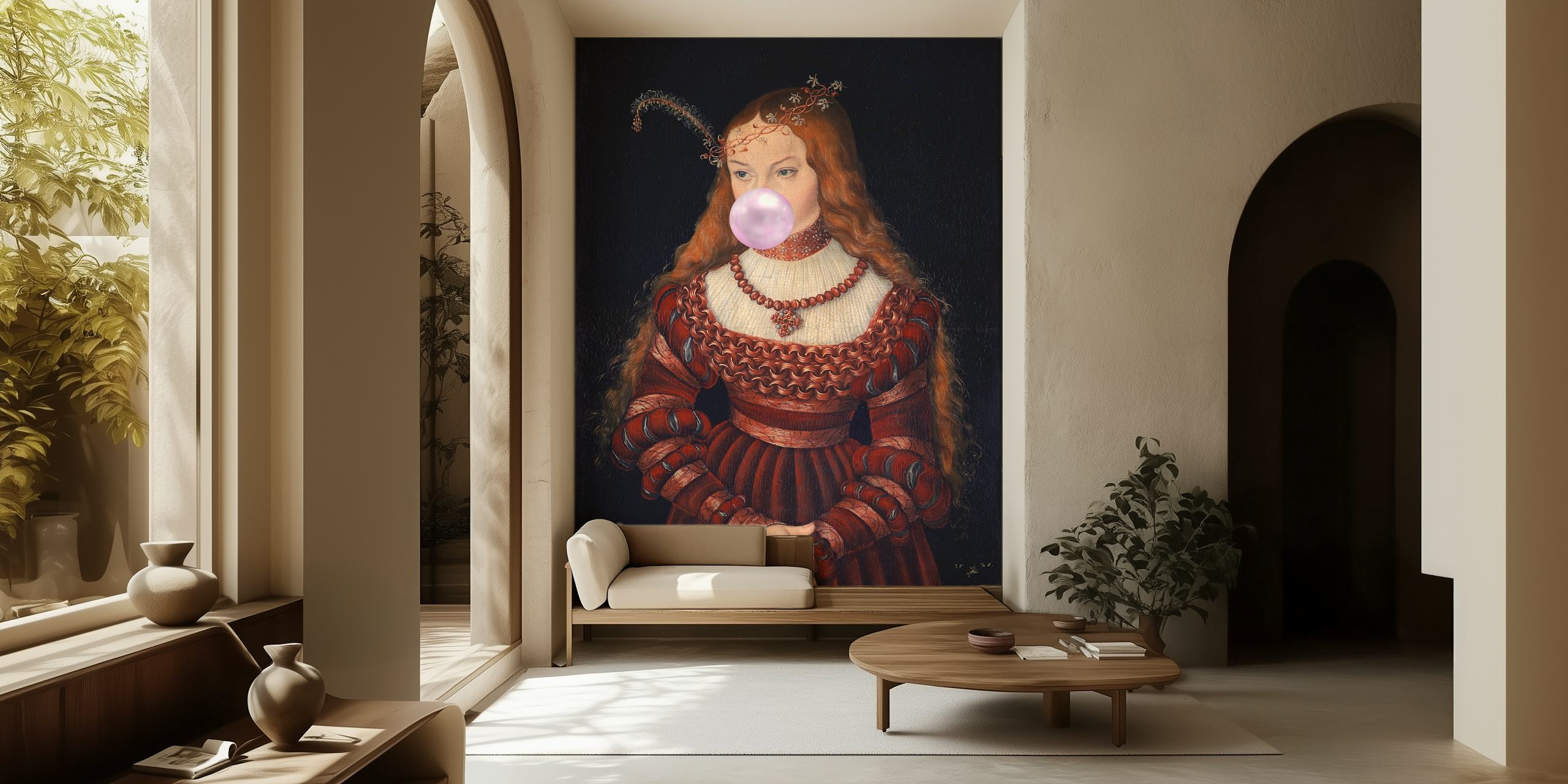 Vintage wall mural of a woman blowing bubblegum, red and pink tones