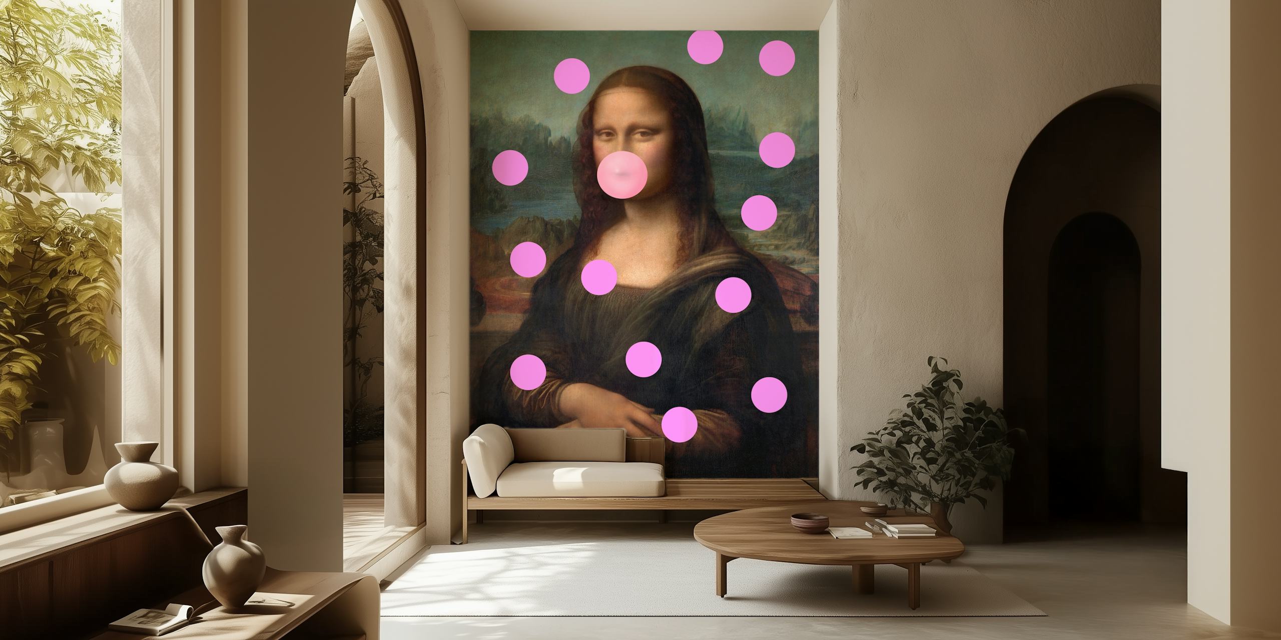 Mona Lisa with pink bubblegum and bubble dots wallpaper