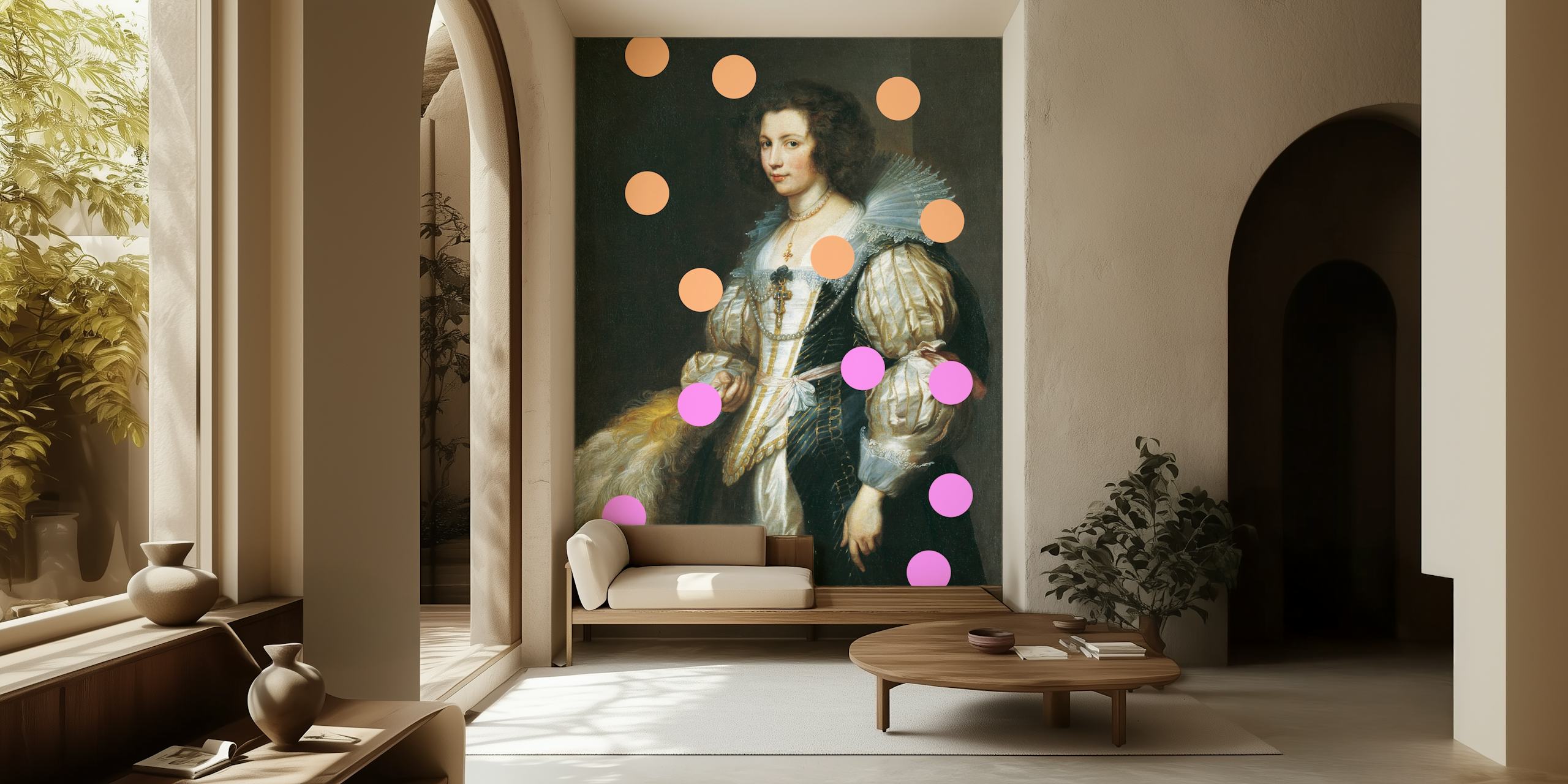 Vintage portrait with colorful polka dots in pink, orange, and purple on a dark background wallpaper
