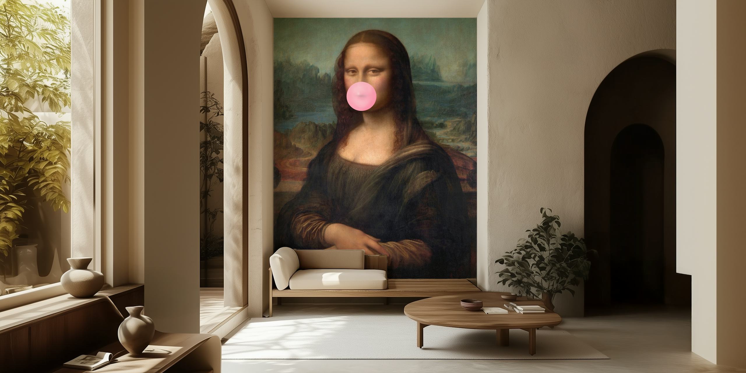 Mona Lisa Iconic Smile Pop Art papel de parede em um cômodo