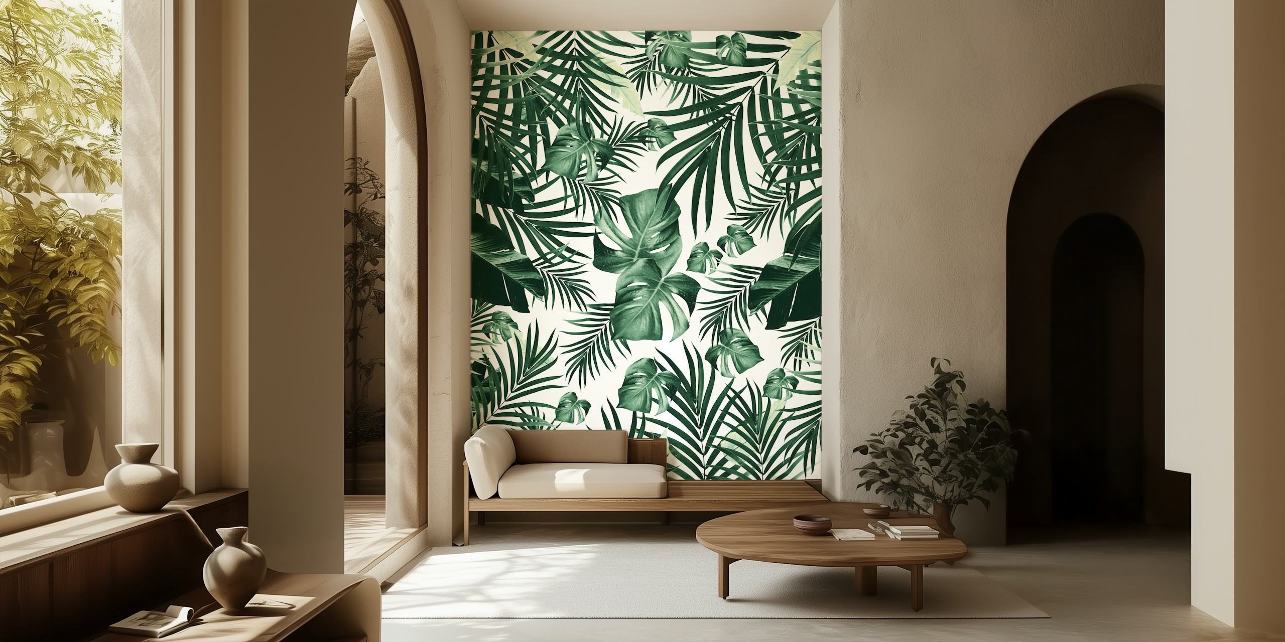 Tropical Jungle Leaves Wall Mural vibrant green leaf patterns on a white background