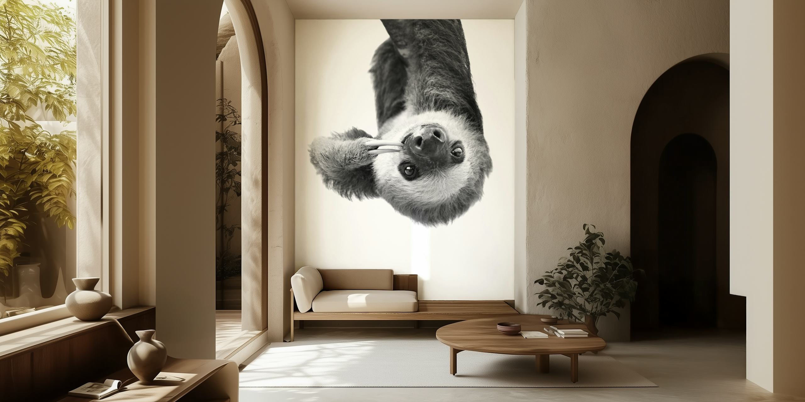Black and white sloth hanging upside down wallpaper