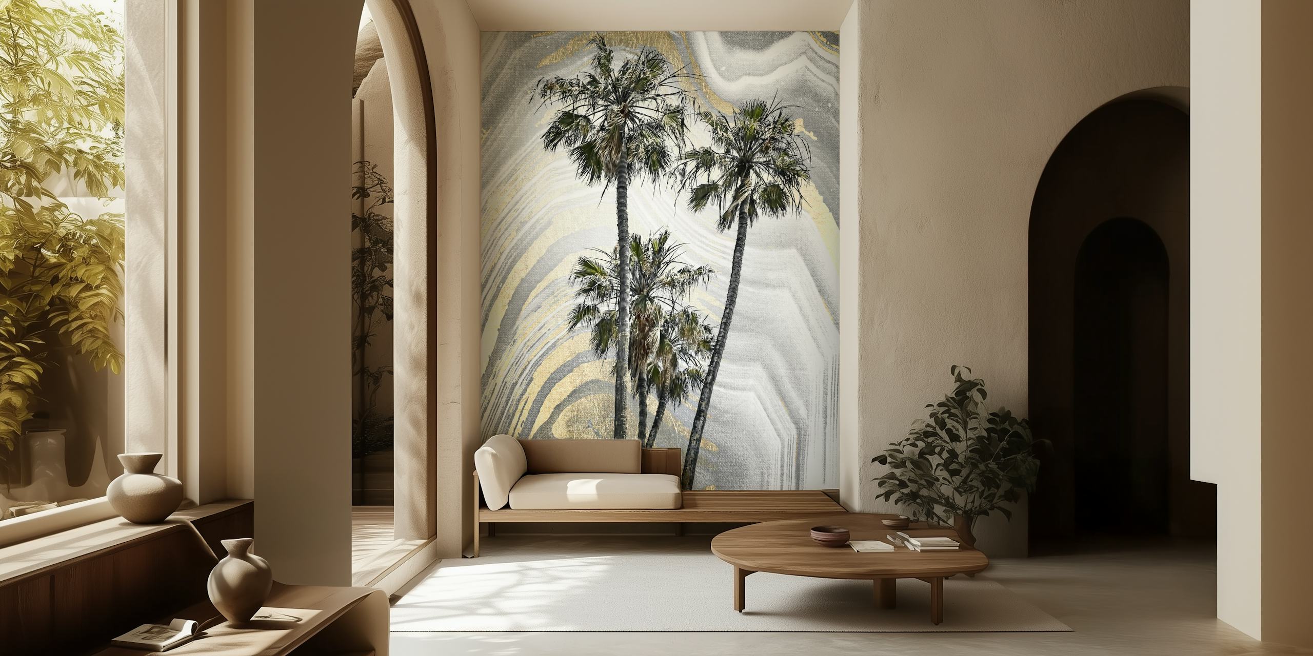 Tropical palm trees on gray and gold abstract background wallpaper