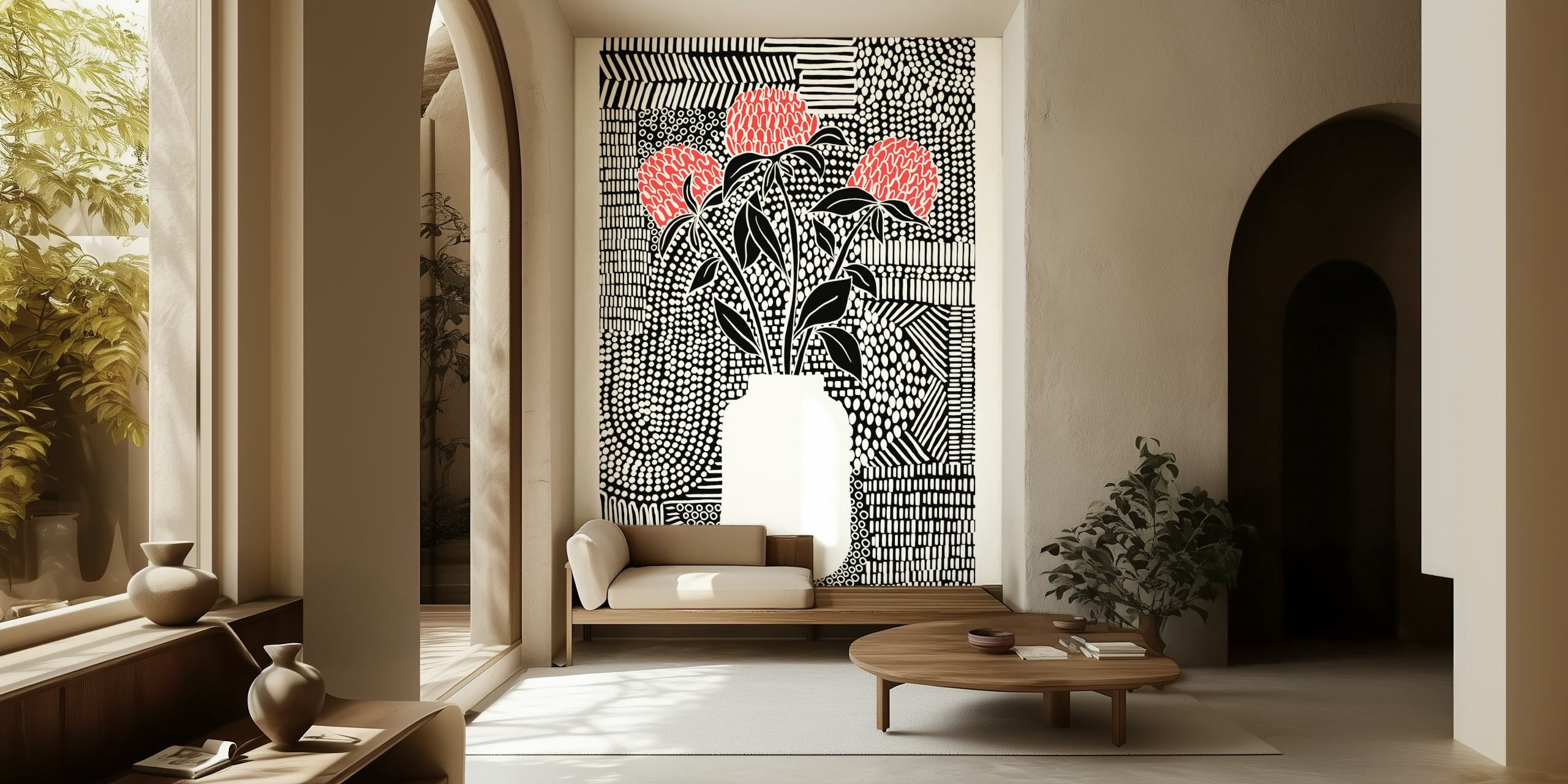 Floral design with red flowers and black and white patterns wallpaper