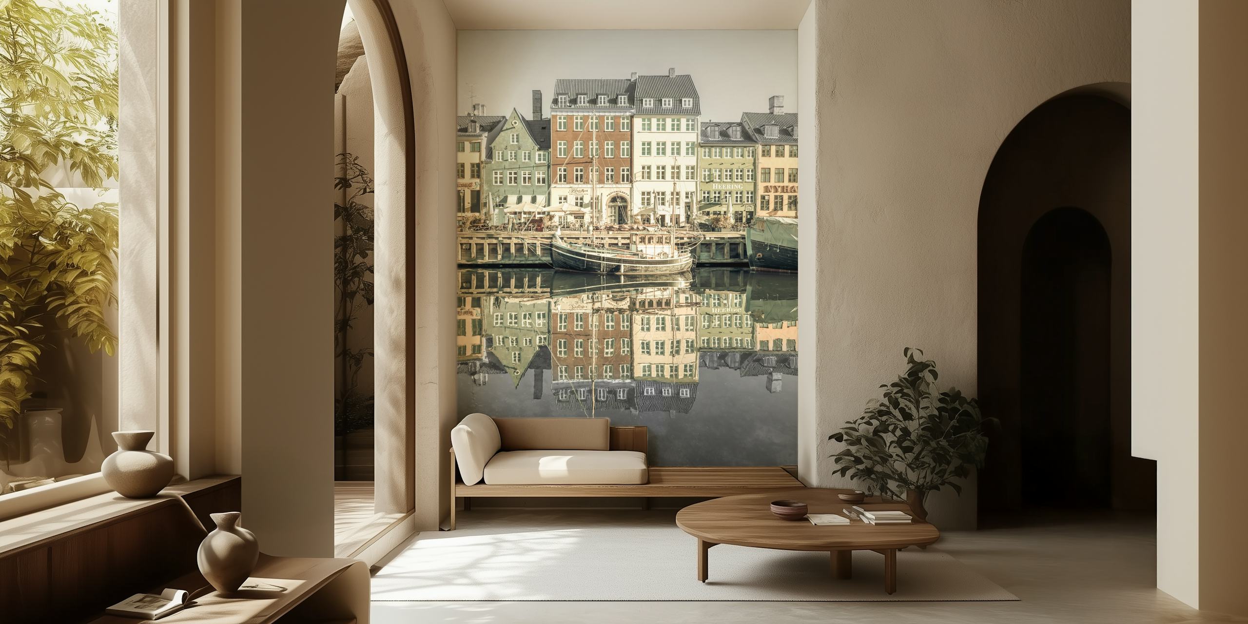 Copenhagen waterfront with colorful buildings and reflections wallpaper