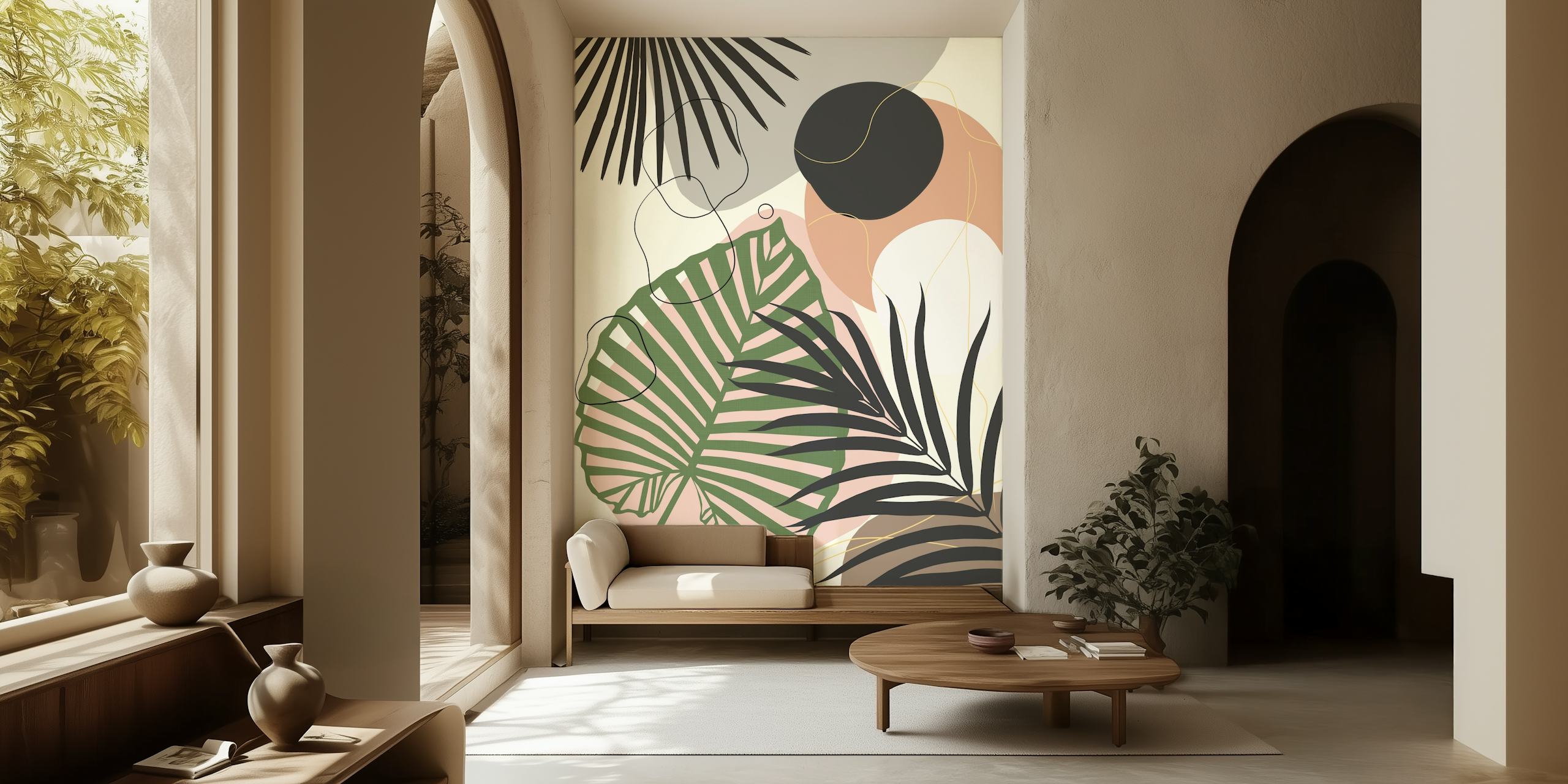 Stylized illustration of jungle leaves in muted earth tones for wall mural