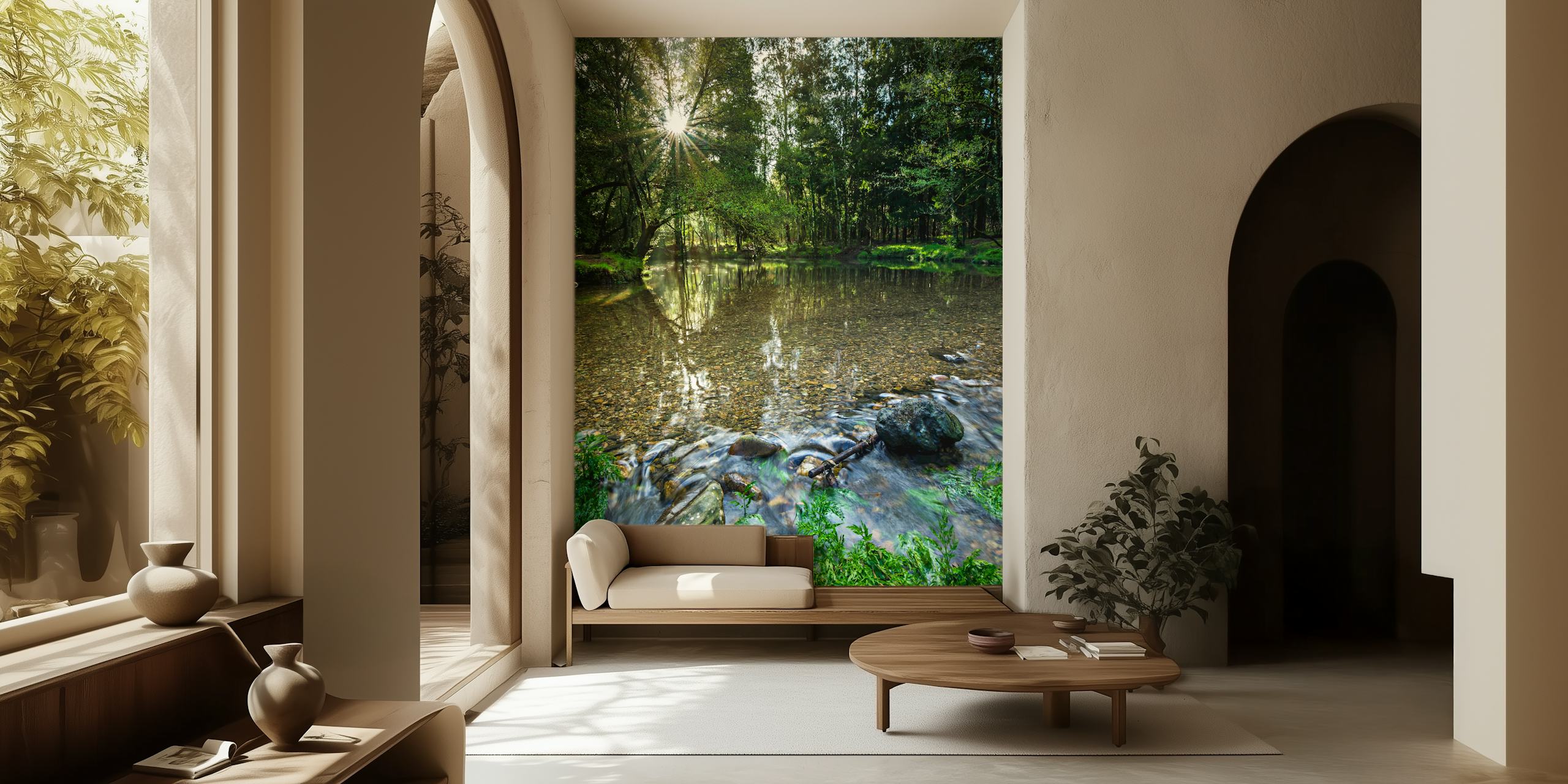 Sunlit Forest Stream behang in een kamer