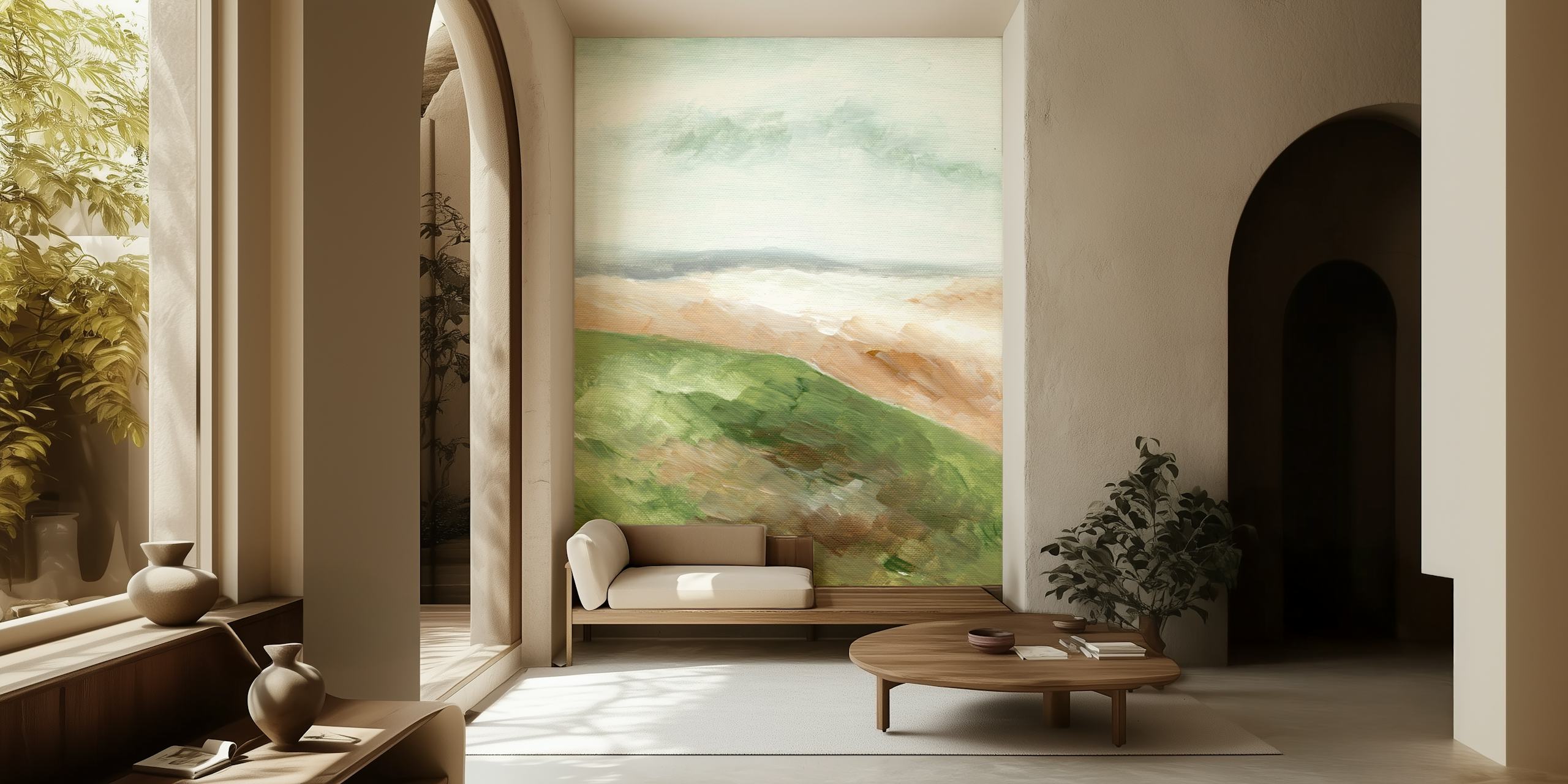 Earthy beach landscape with green grass and sandy shore wallpaper