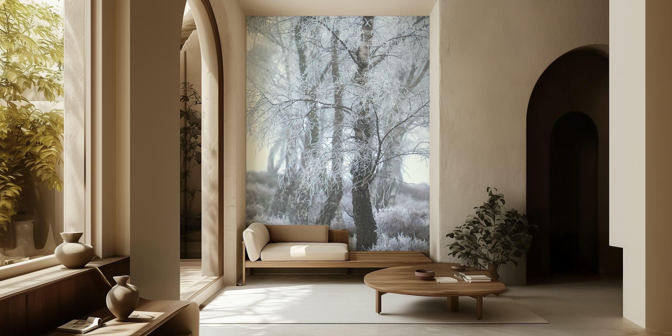 White frozen trees in a misty woodland setting wallpaper
