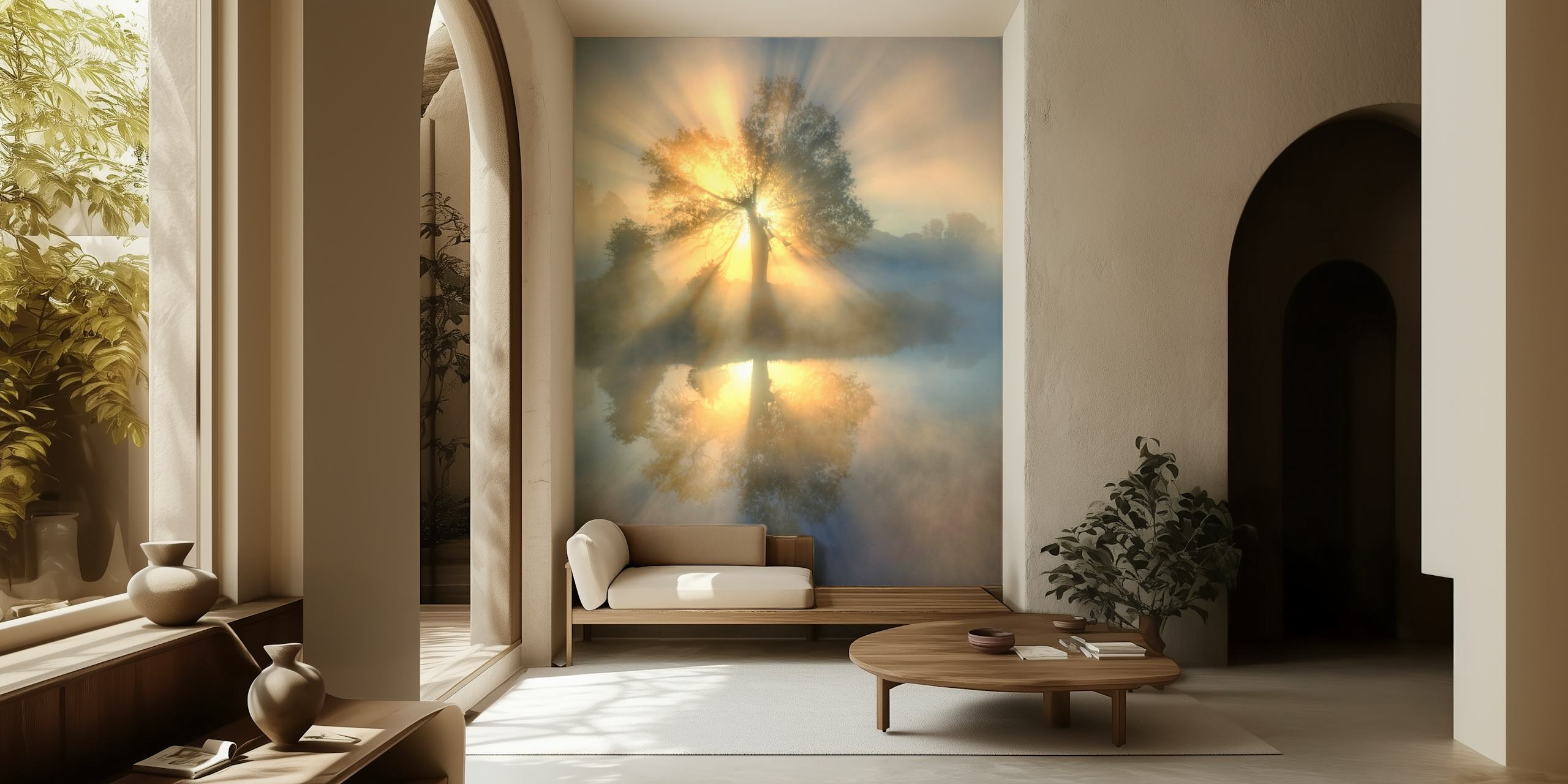 Tree with radiant sunlight and reflection on water, nature wallpaper