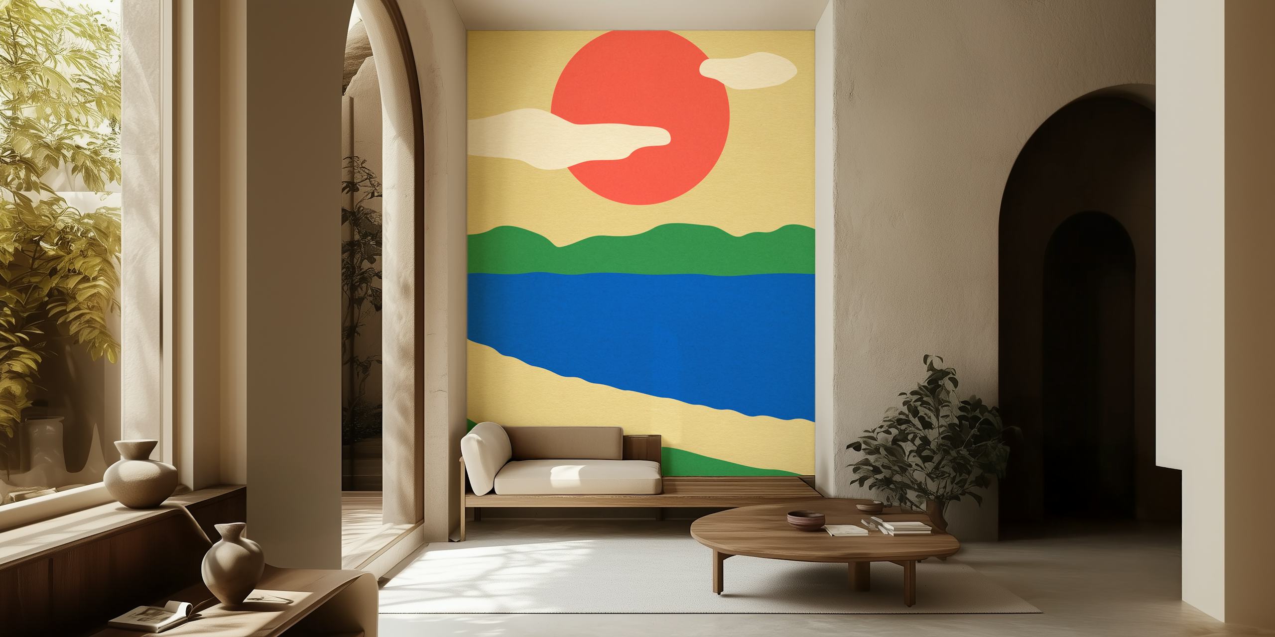 Colorful summer landscape mural with blue water, green hills, and red sun wallpaper