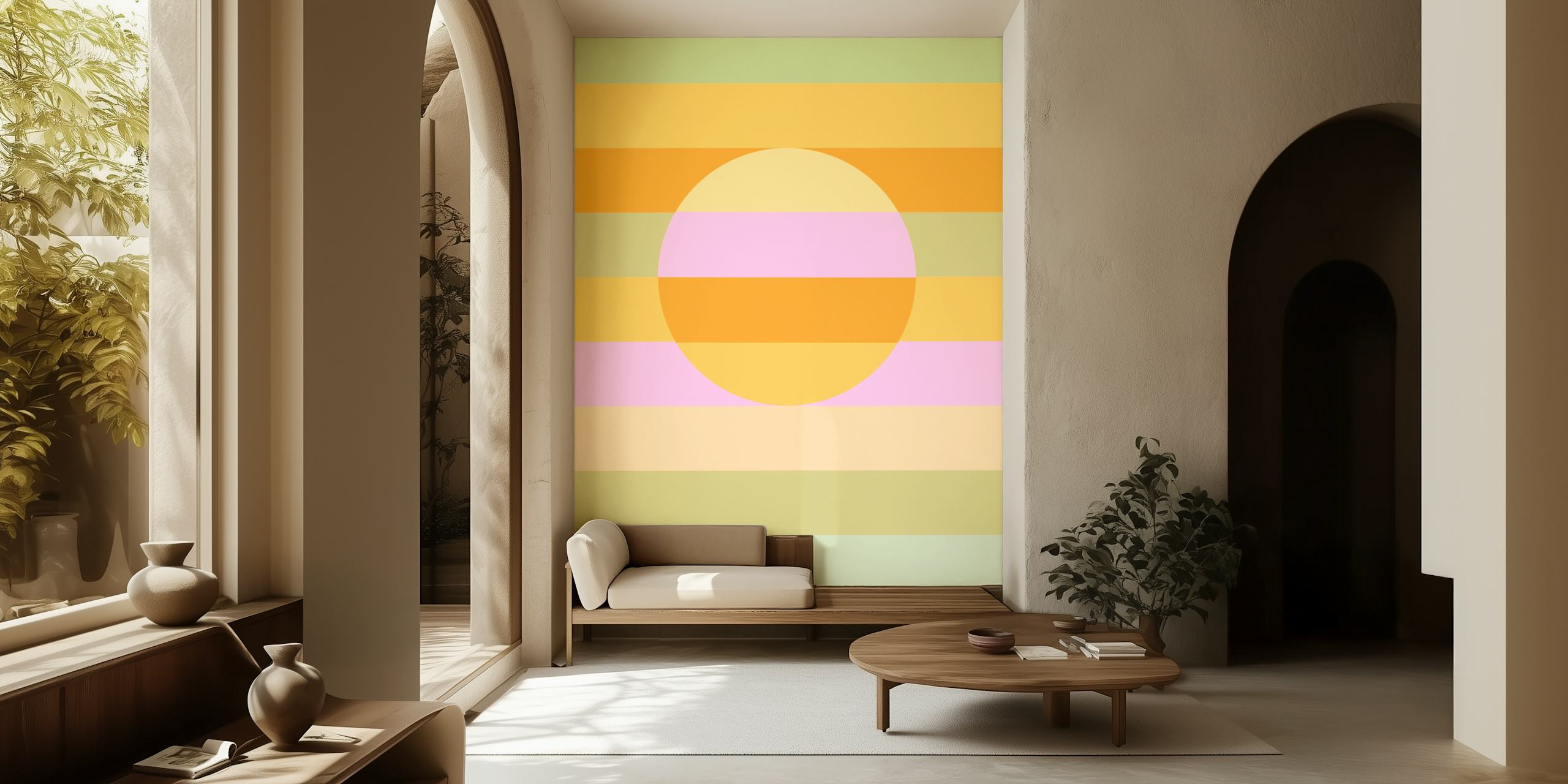 Pastel rainbow striped wallpaper featuring a large central sun in soft pink, orange, and green colors