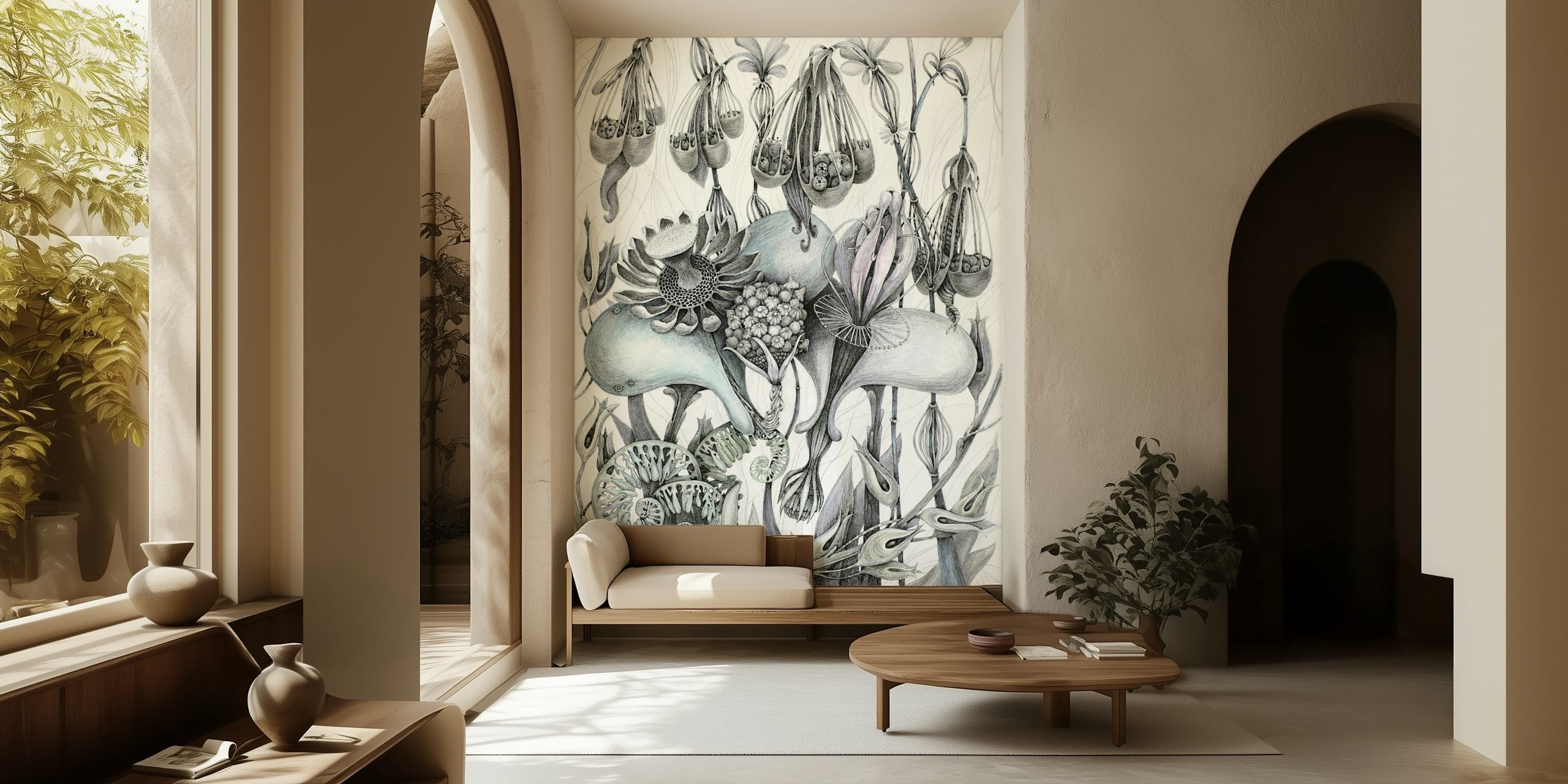 Botanical grey flower patterns with intricate details wallpaper