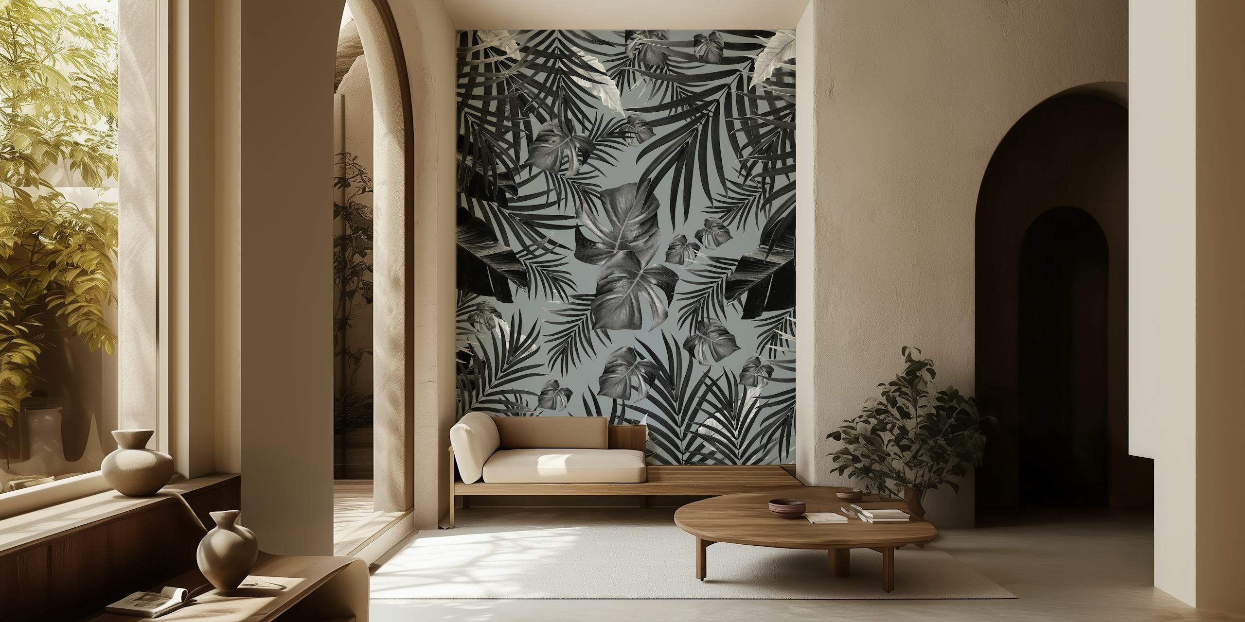 Monochrome tropical leaf pattern wall mural for interior decor