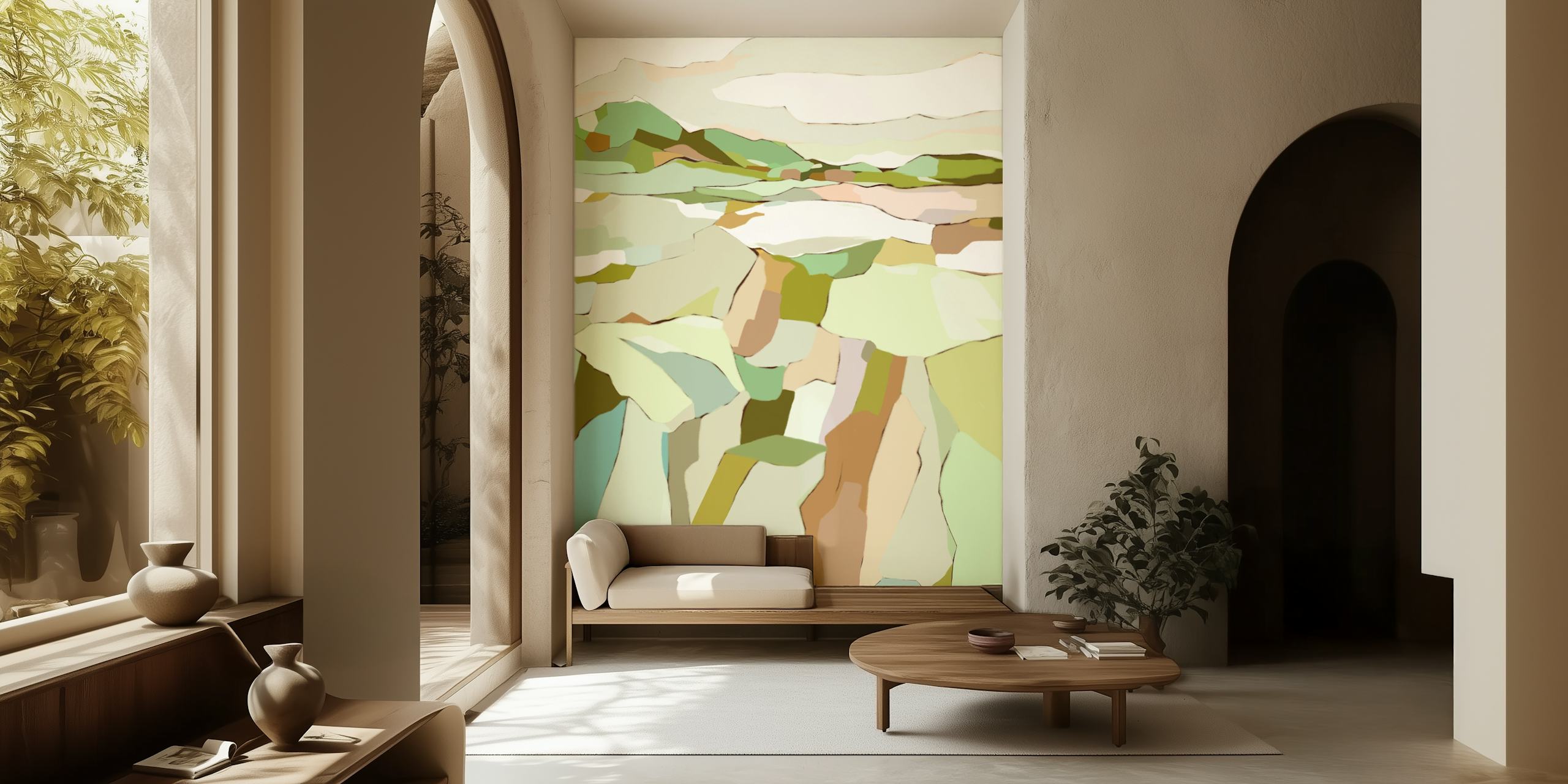 Abstract Green Meadows behang in een kamer