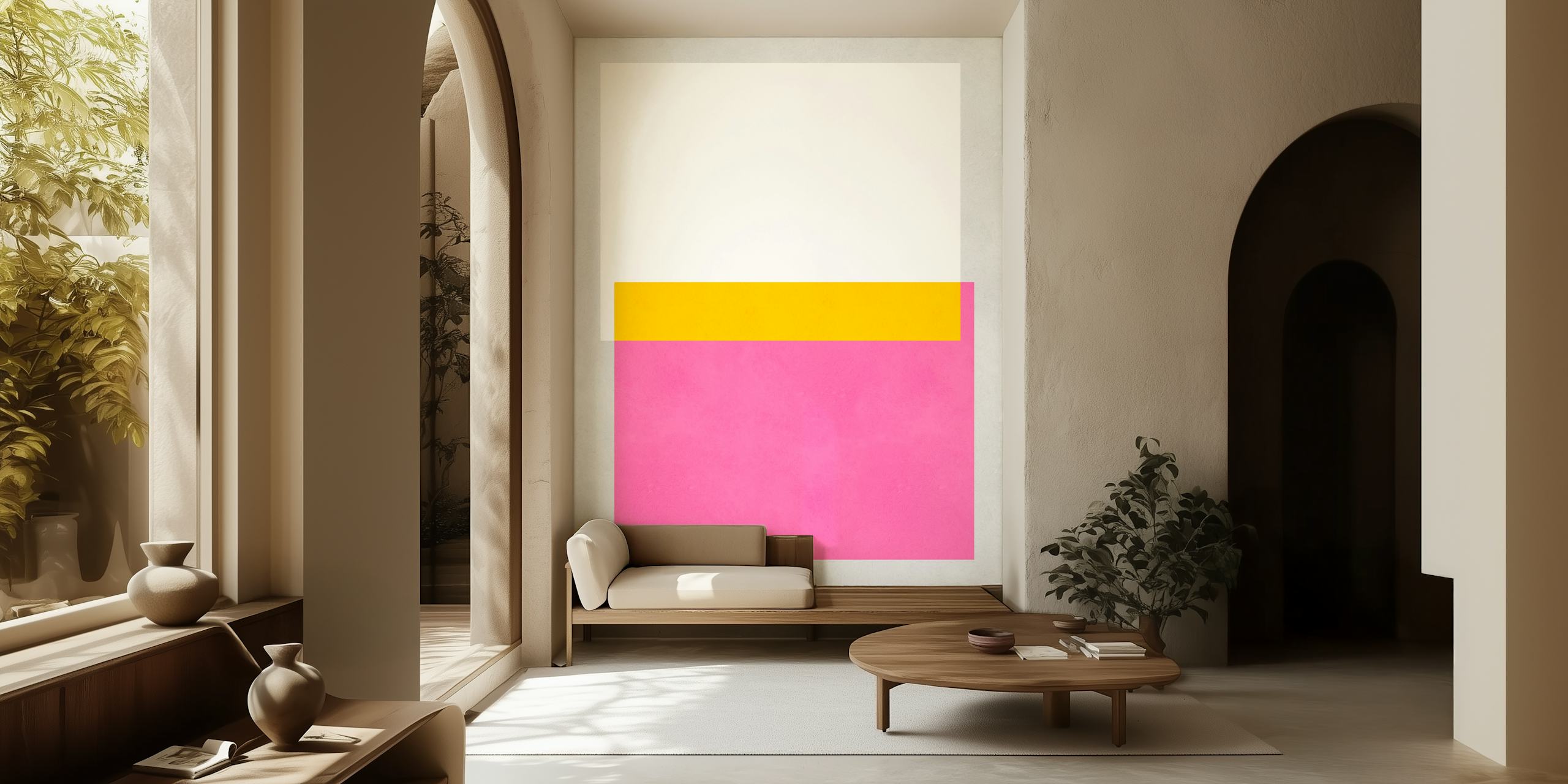 Geometric shapes in pink, yellow, and white on a textured wallpaper