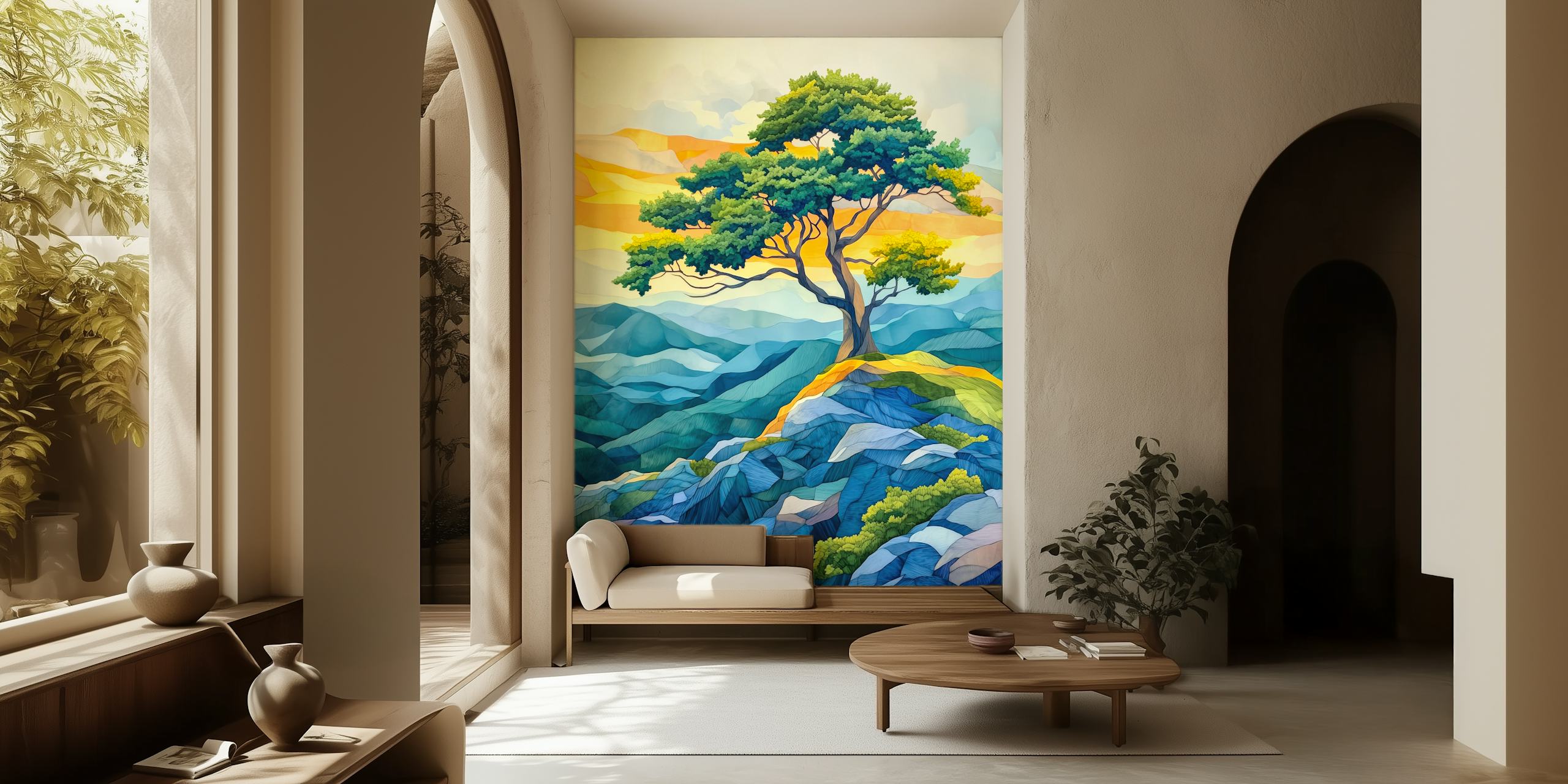 Colorful tree landscape with vibrant hues and hills wallpaper