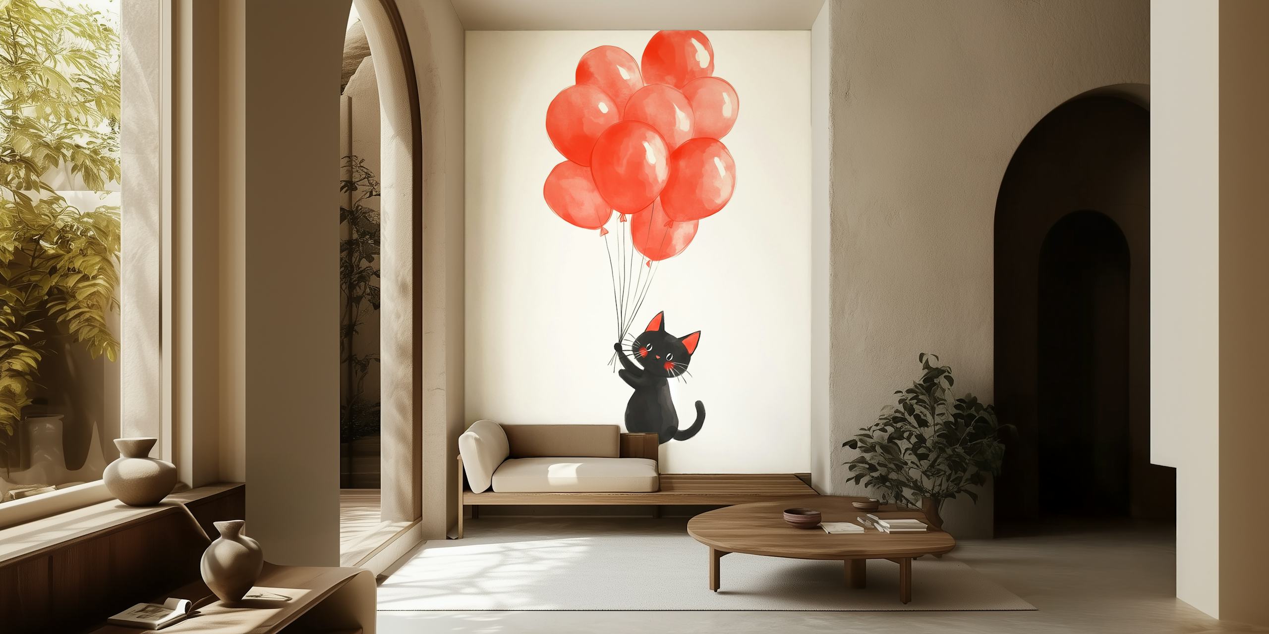 A cute black cat with red balloons on wallpaper