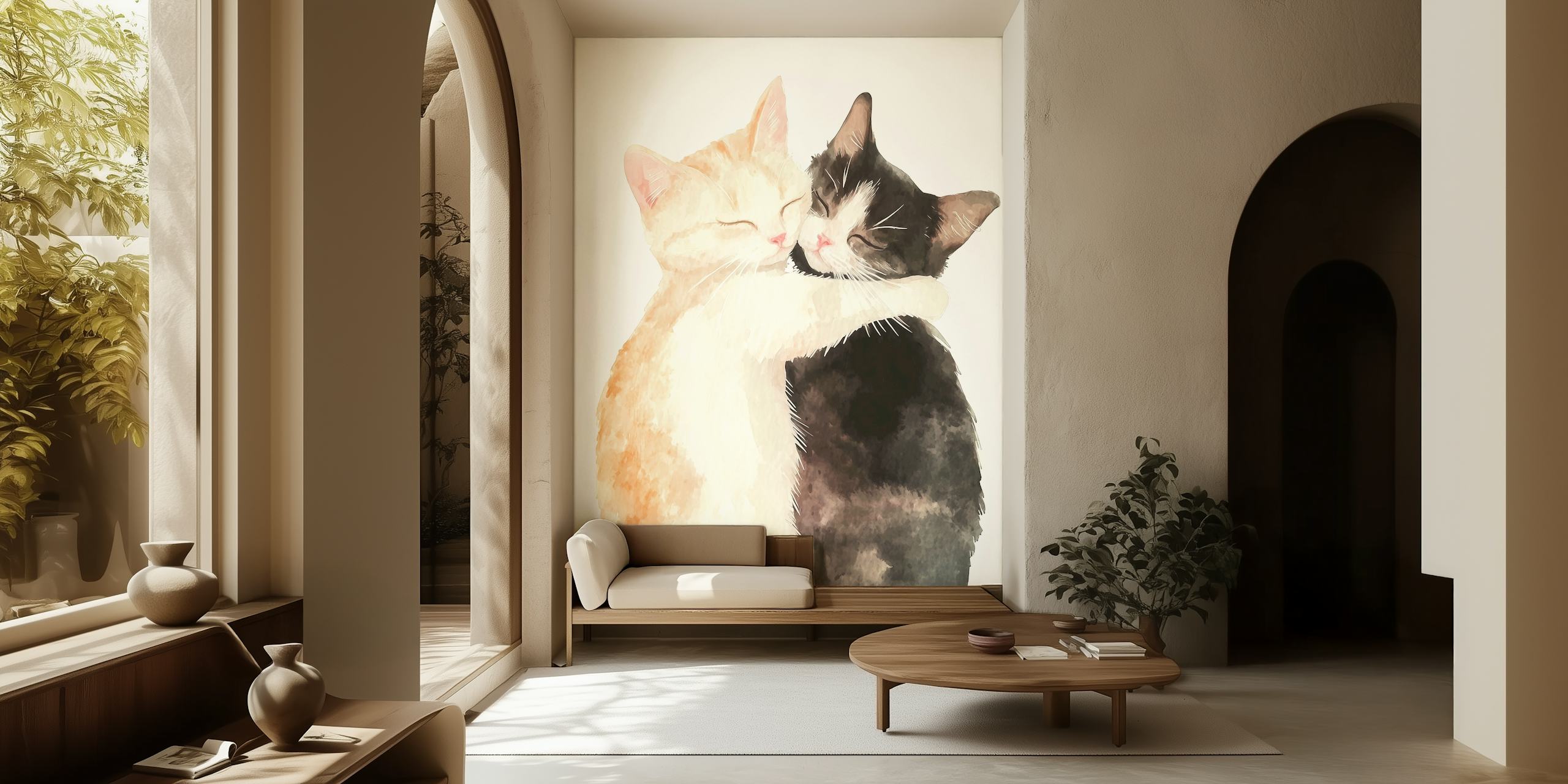 Papel de parede Tender Cat Hug em um ambiente de quarto