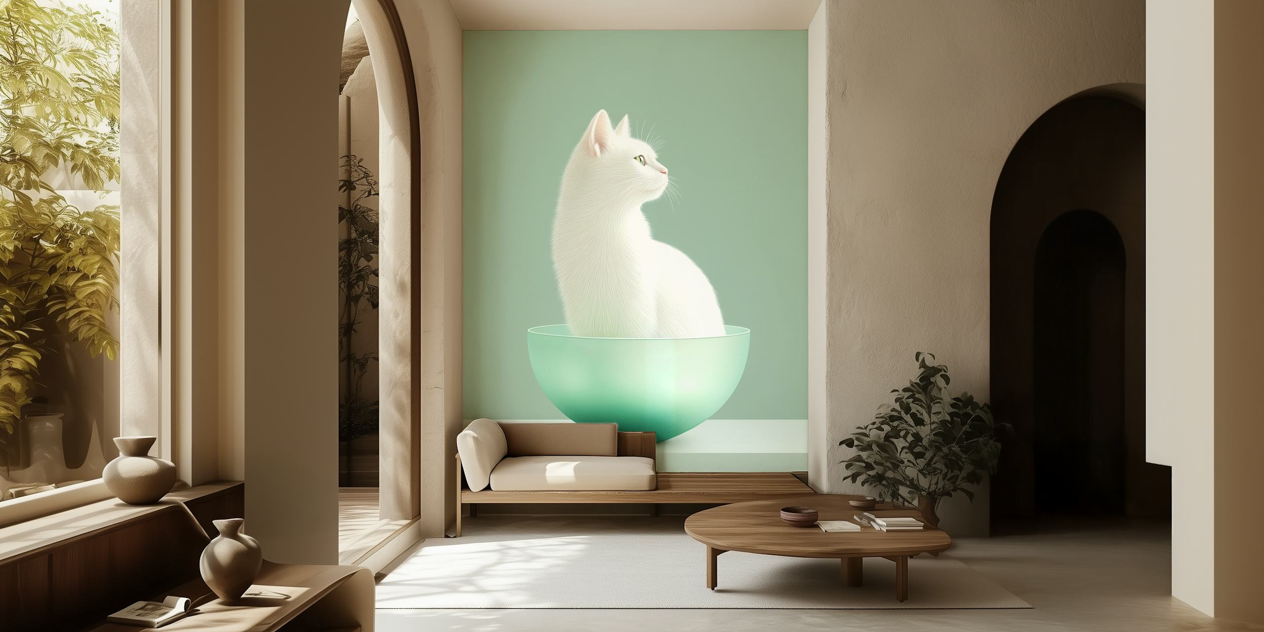 White cat in a mint green bowl against a soft green background wallpaper