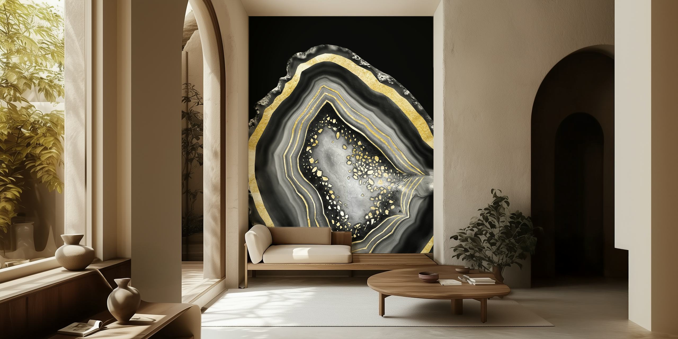 Agate Gold Foil Glam 4 tapet som visar skiktade stenmönster med guldaccenter