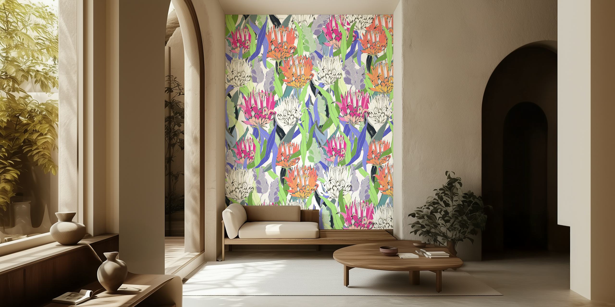Colorful Protea Garden wallpaper in a room.